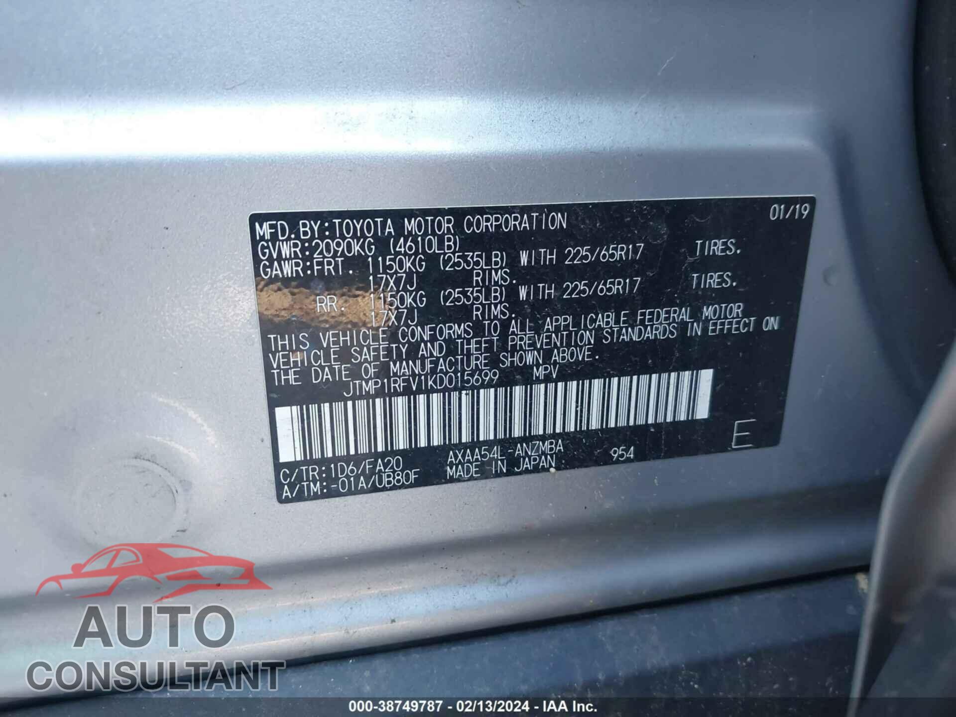 TOYOTA RAV4 2019 - JTMP1RFV1KD015699