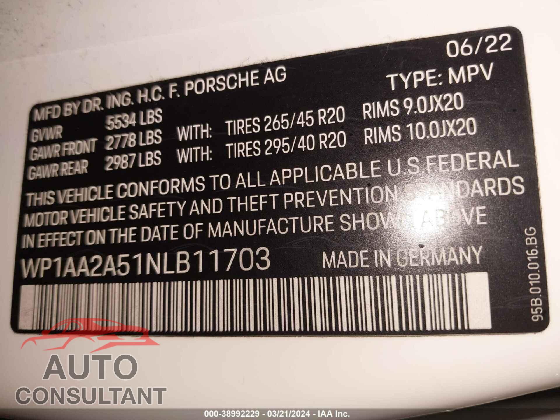 PORSCHE MACAN 2022 - WP1AA2A51NLB11703