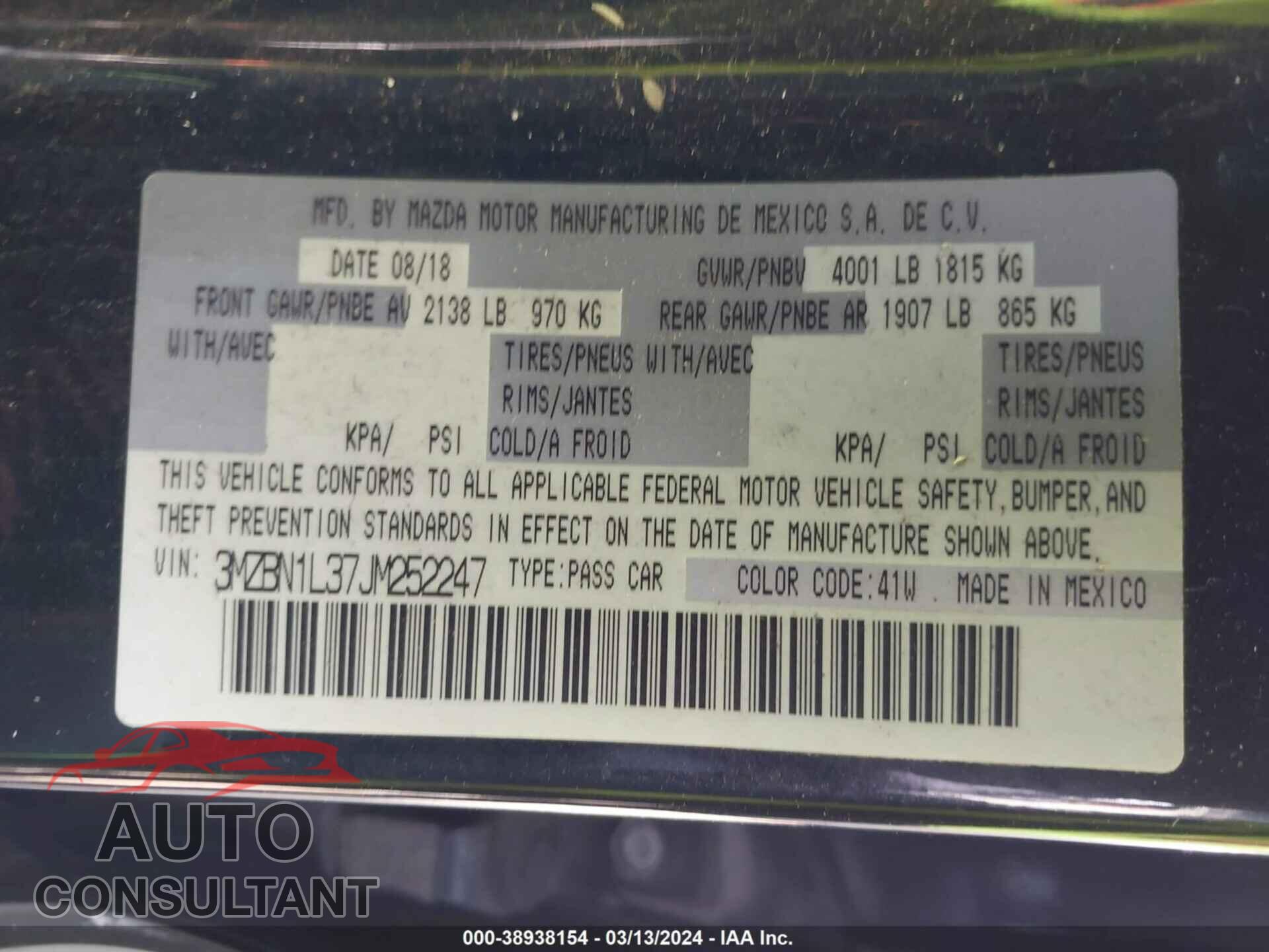 MAZDA 3 2018 - 3MZBN1L37JM252247