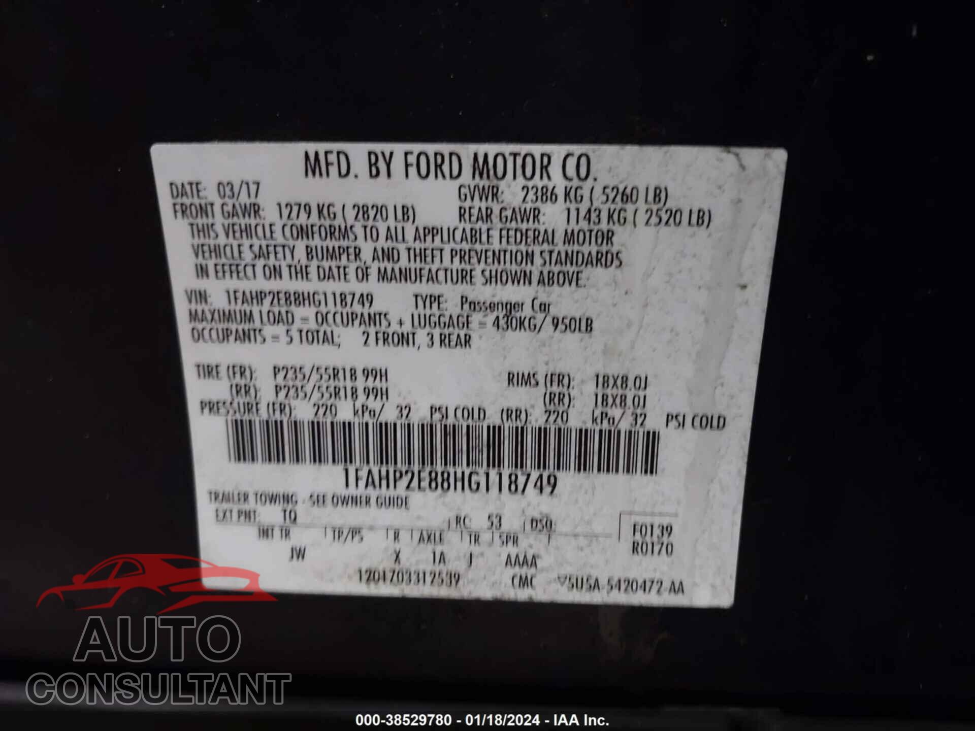 FORD TAURUS 2017 - 1FAHP2E88HG118749