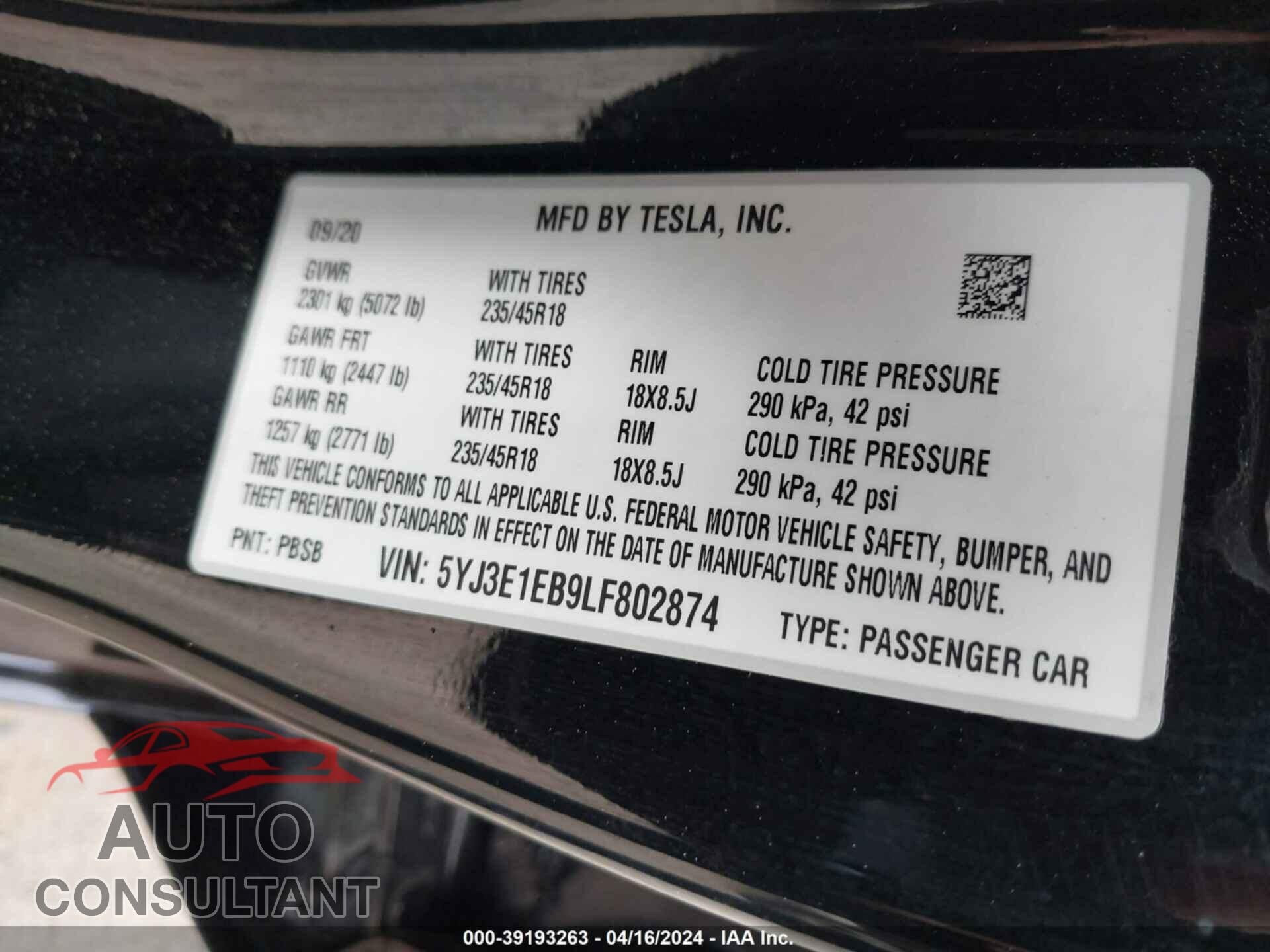 TESLA MODEL 3 2020 - 5YJ3E1EB9LF802874
