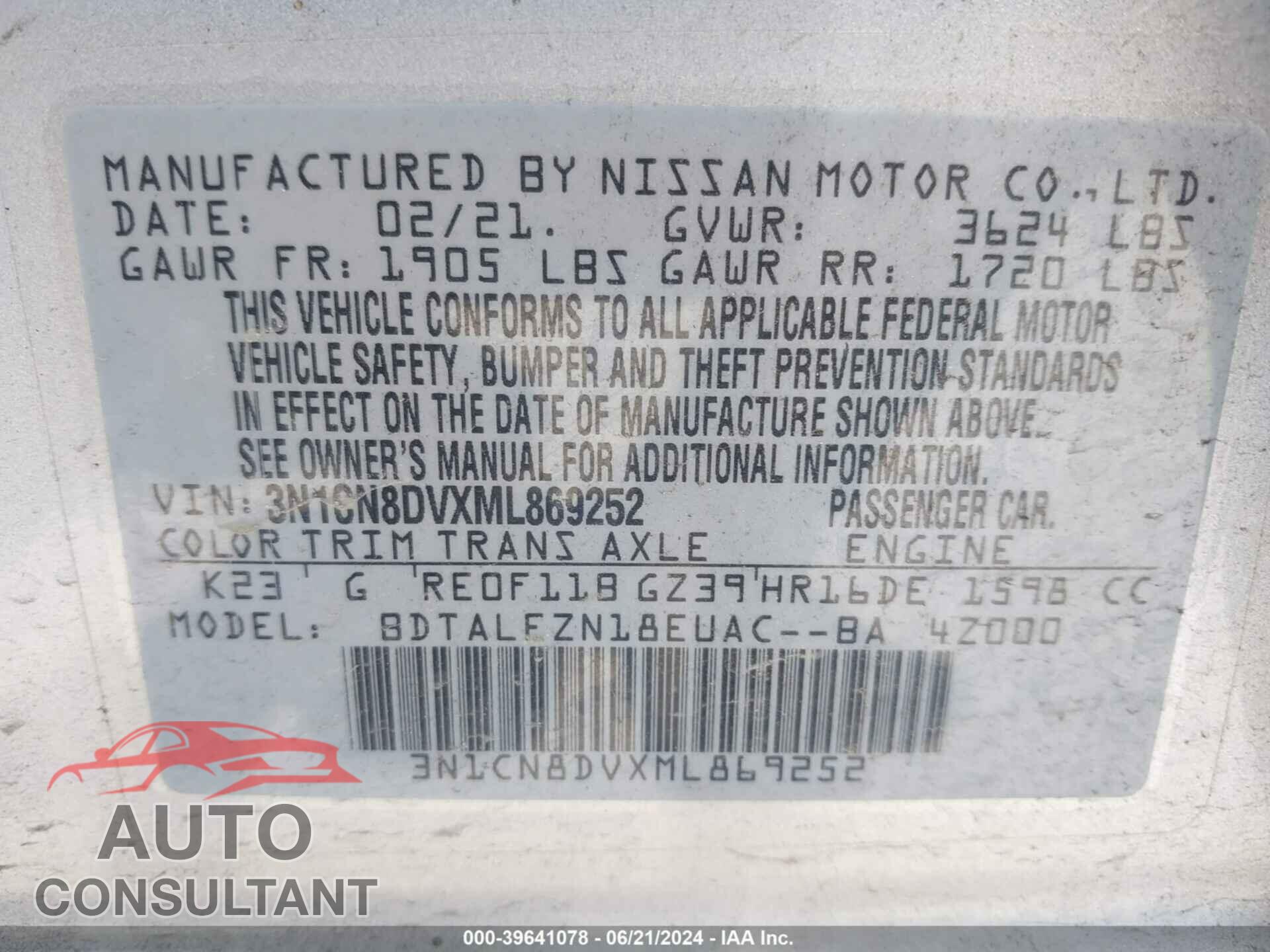 NISSAN VERSA 2021 - 3N1CN8DVXML869252
