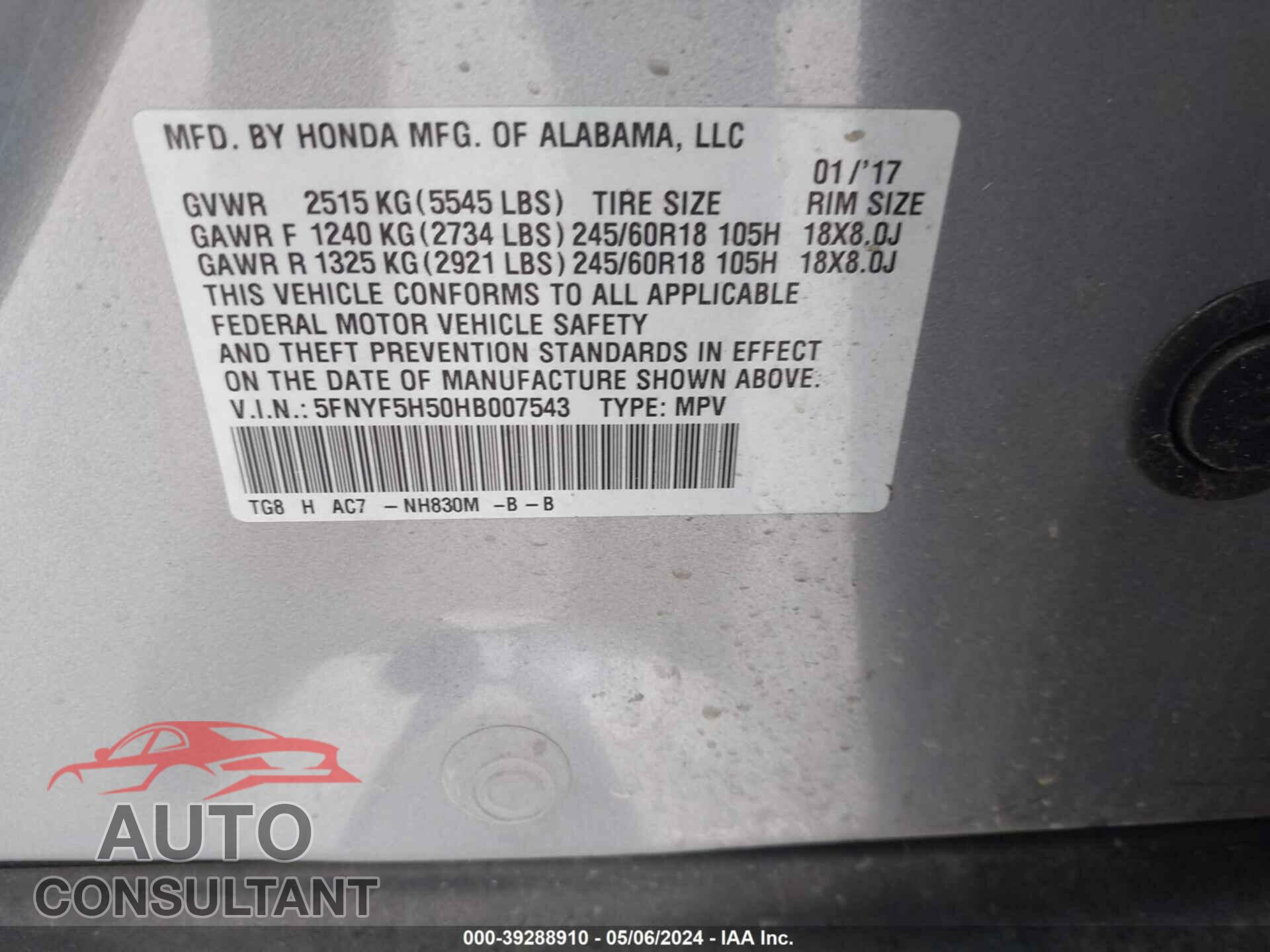 HONDA PILOT 2017 - 5FNYF5H50HB007543