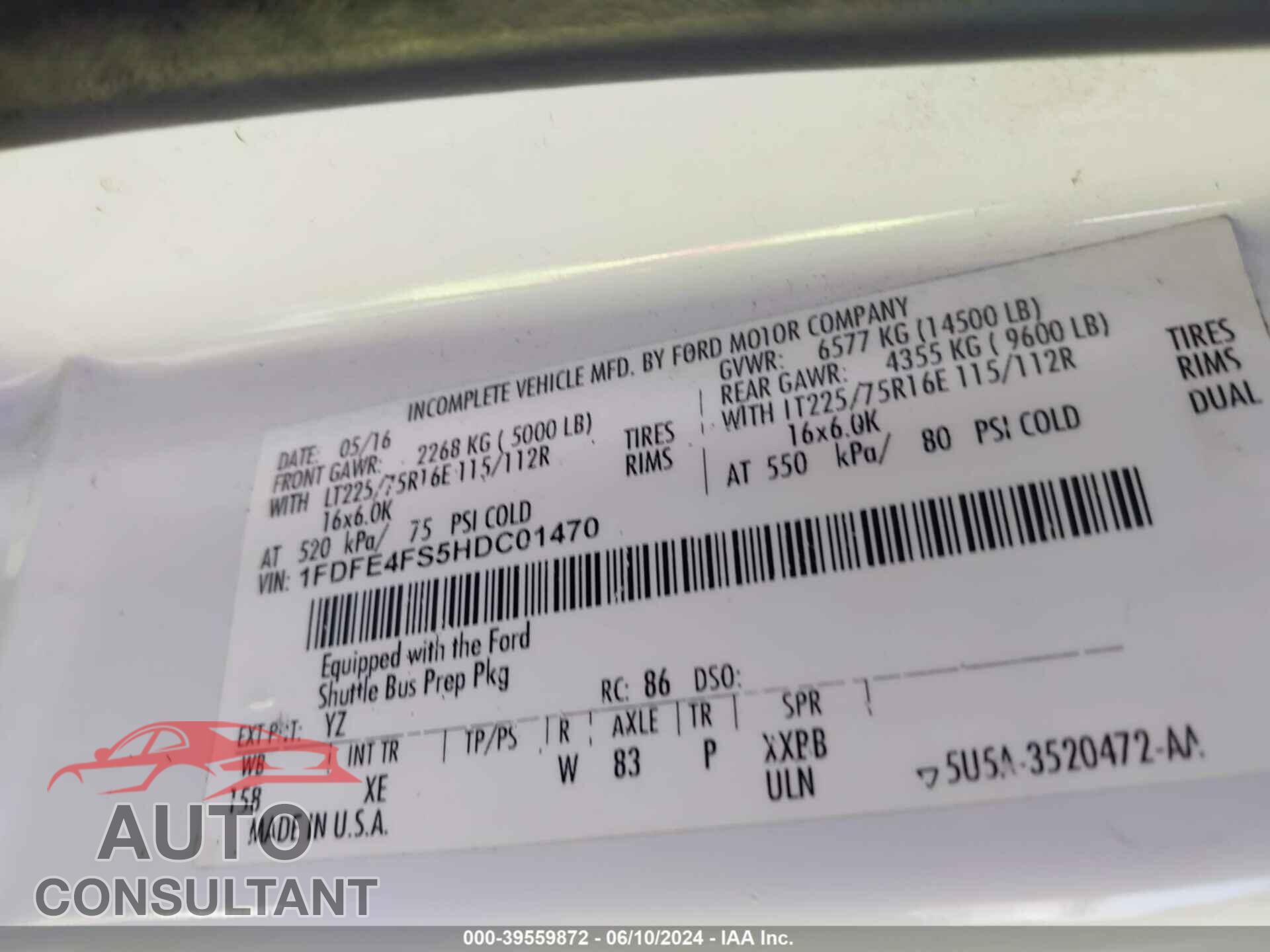 FORD E-450 CUTAWAY 2017 - 1FDFE4FS5HDC01470