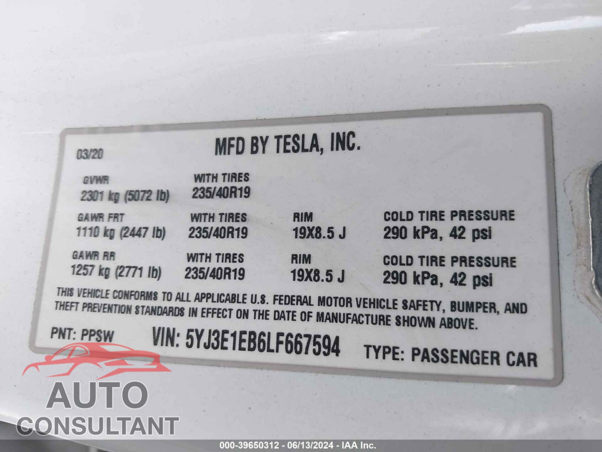 TESLA MODEL 3 2020 - 5YJ3E1EB6LF667594