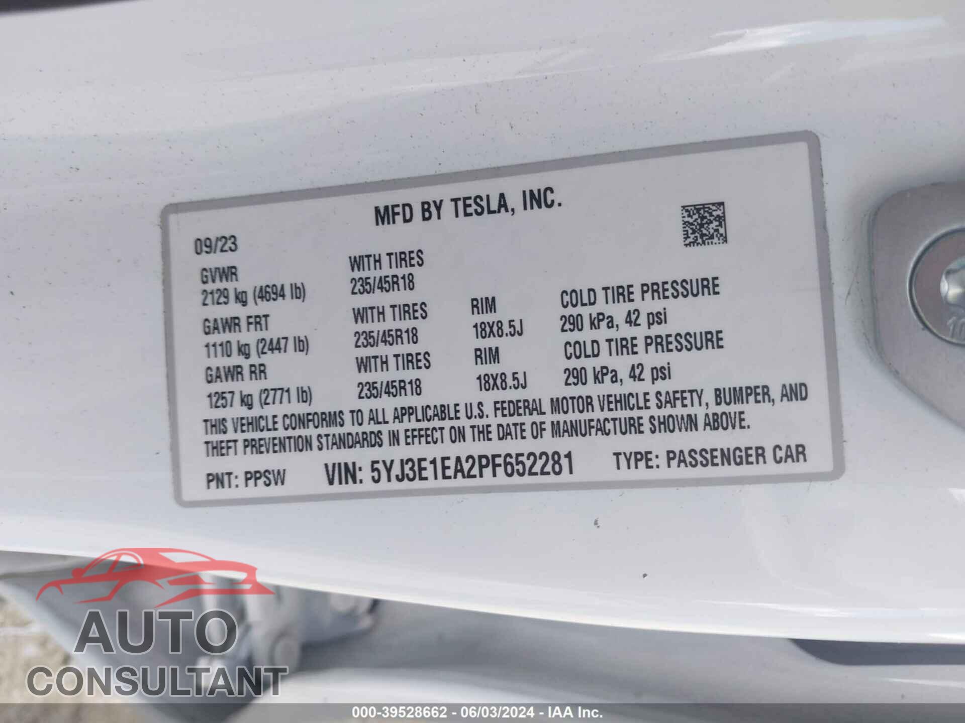TESLA MODEL 3 2023 - 5YJ3E1EA2PF652281