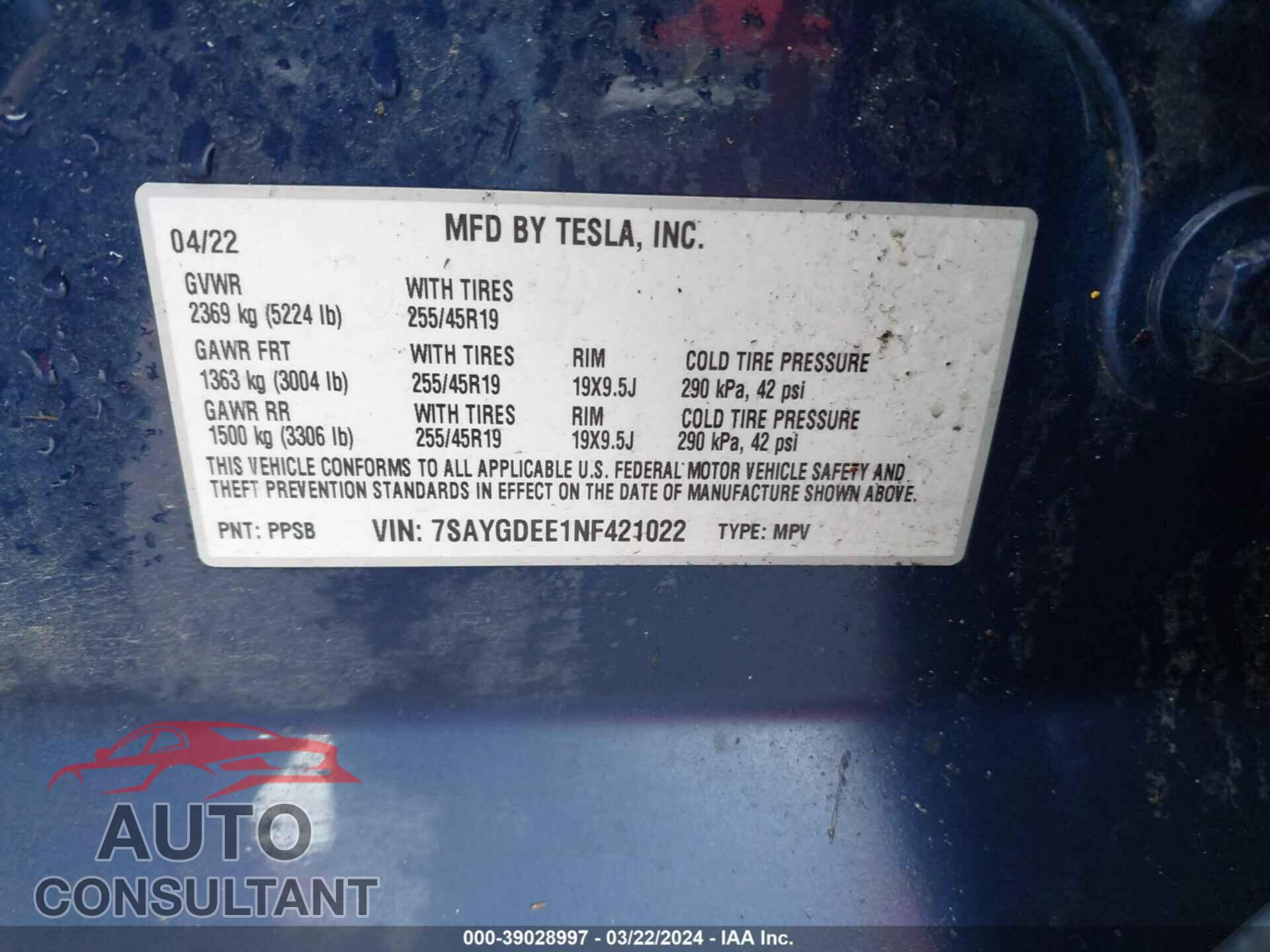TESLA MODEL Y 2022 - 7SAYGDEE1NF421022