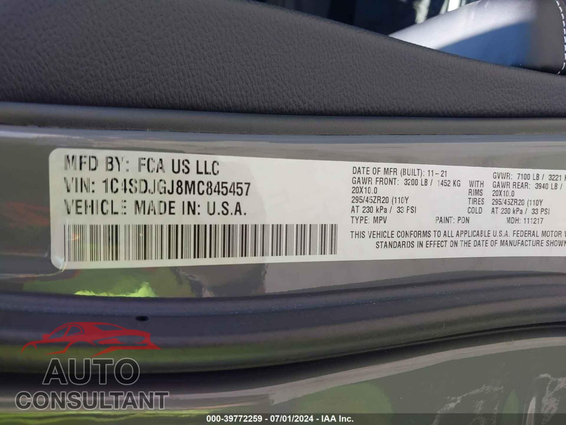 DODGE DURANGO 2021 - 1C4SDJGJ8MC845457