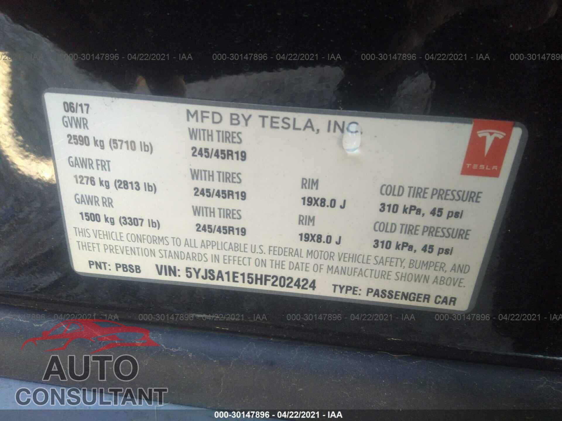 TESLA MODEL S 2017 - 5YJSA1E15HF202424