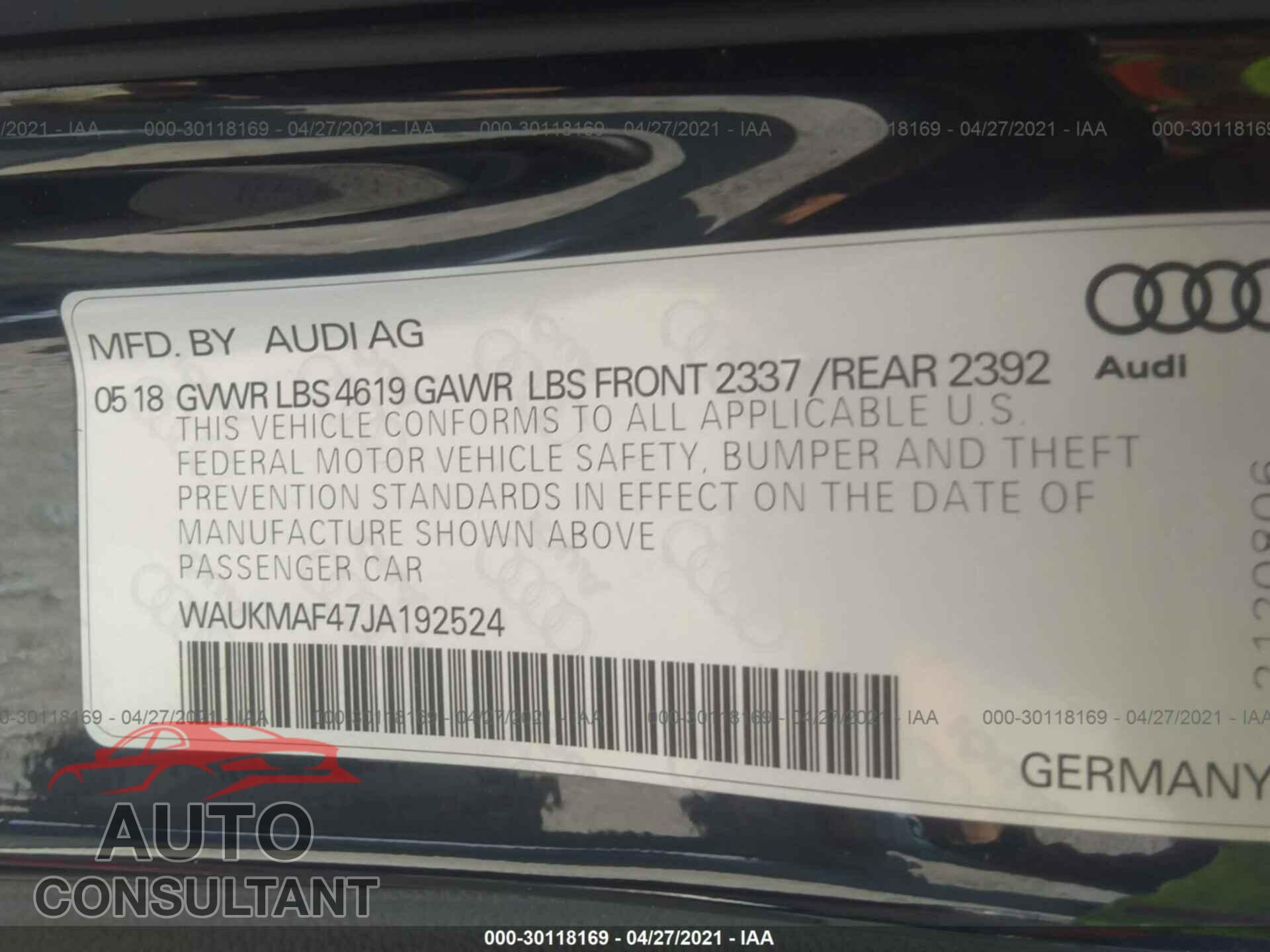 AUDI A4 2018 - WAUKMAF47JA192524