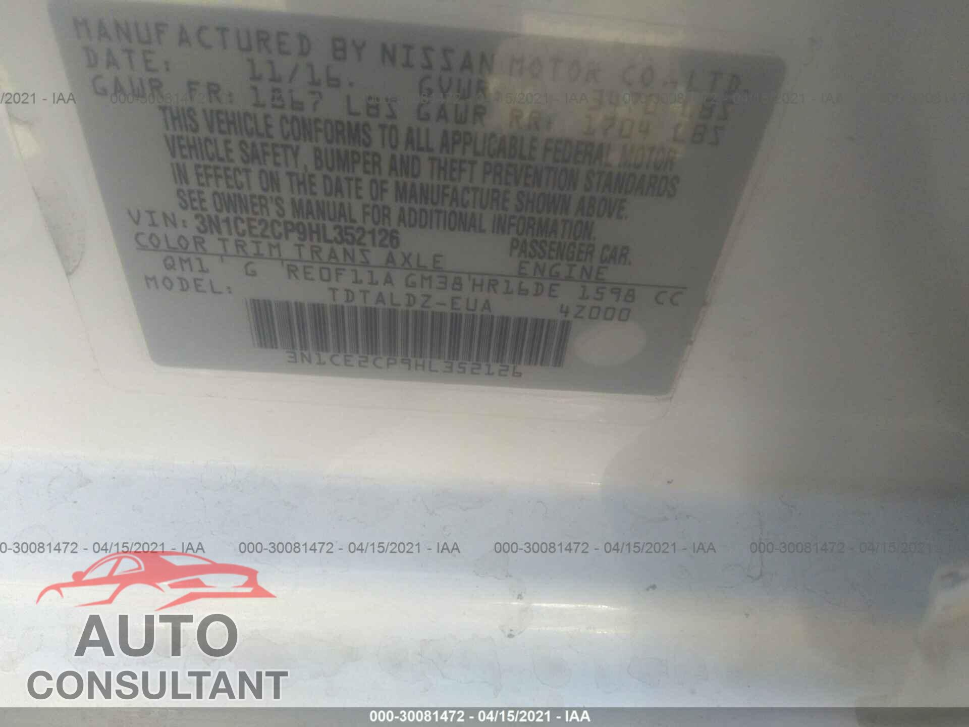 NISSAN VERSA NOTE 2017 - 3N1CE2CP9HL352126