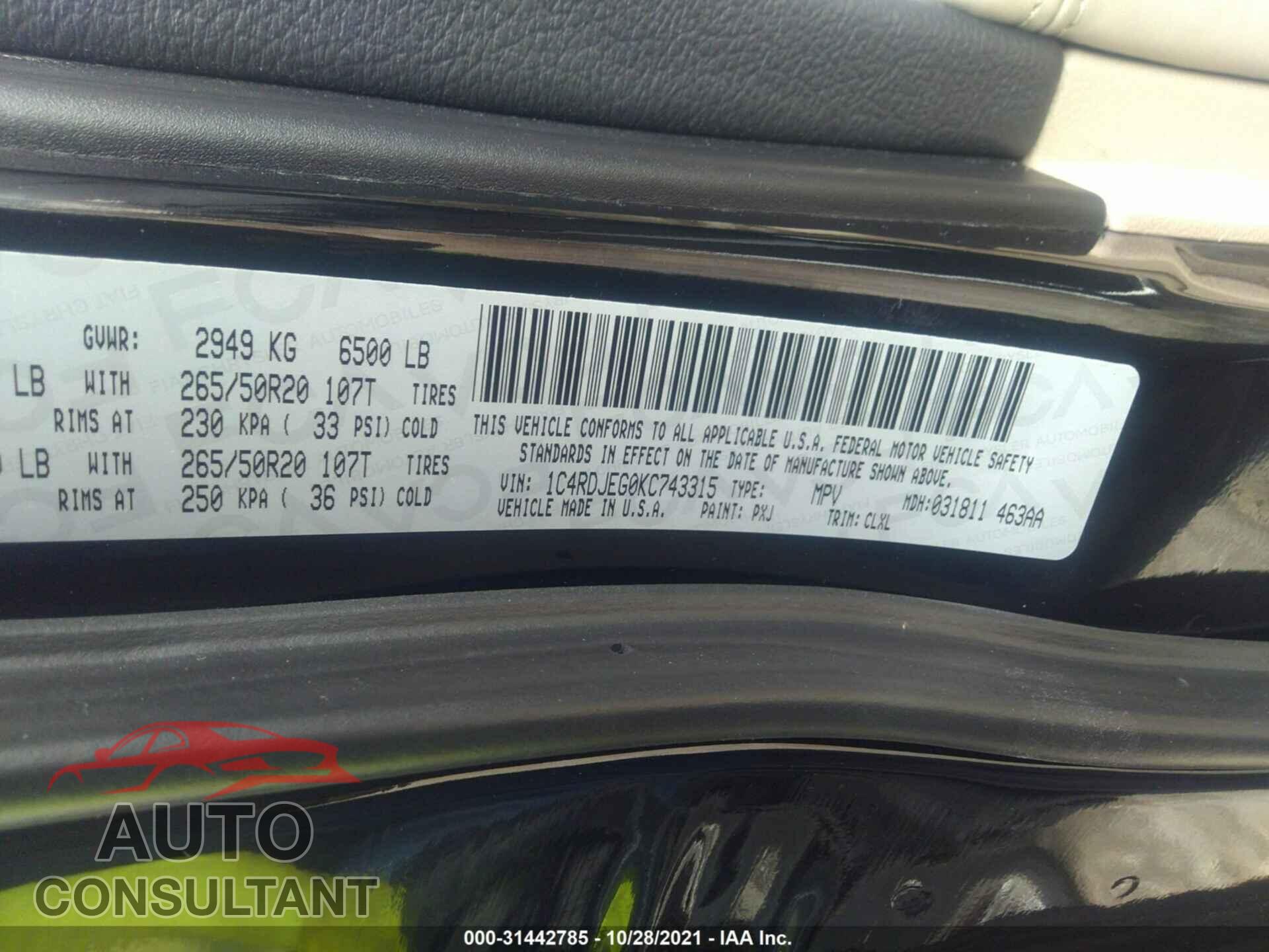 DODGE DURANGO 2019 - 1C4RDJEG0KC743315