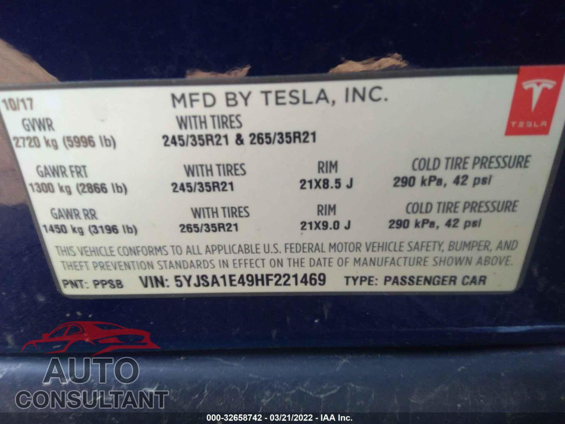 TESLA MODEL S 2017 - 5YJSA1E49HF221469