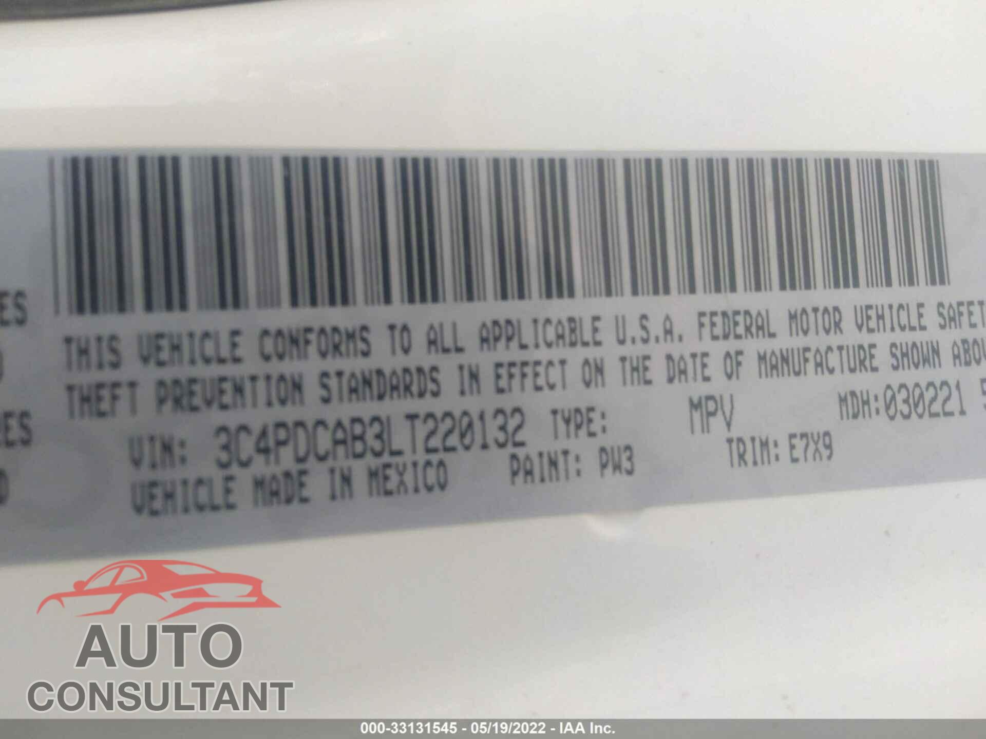 DODGE JOURNEY 2020 - 3C4PDCAB3LT220132