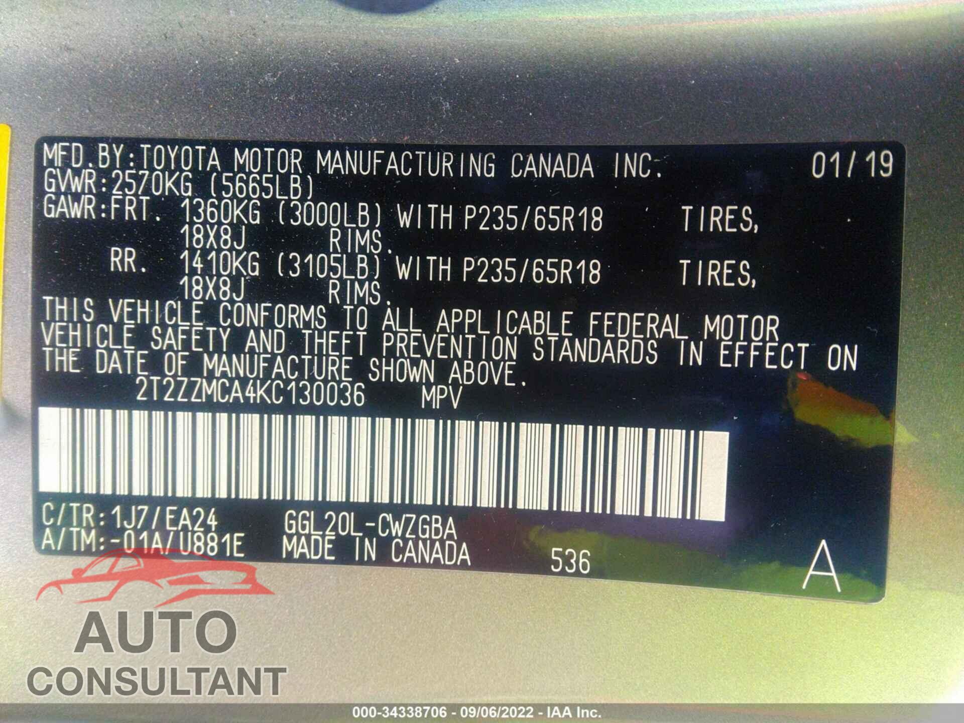 LEXUS RX 2019 - 2T2ZZMCA4KC130036