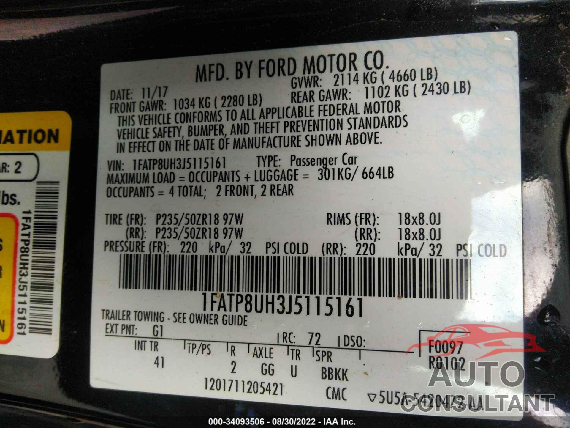 FORD MUSTANG 2018 - 1FATP8UH3J5115161