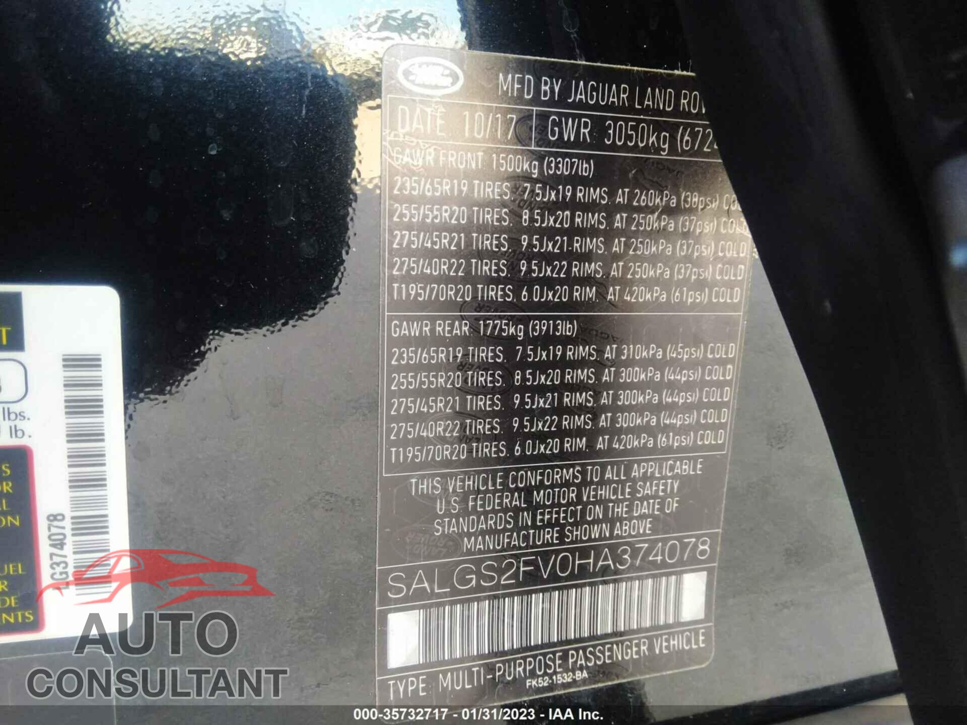 LAND ROVER RANGE ROVER 2017 - SALGS2FV0HA374078