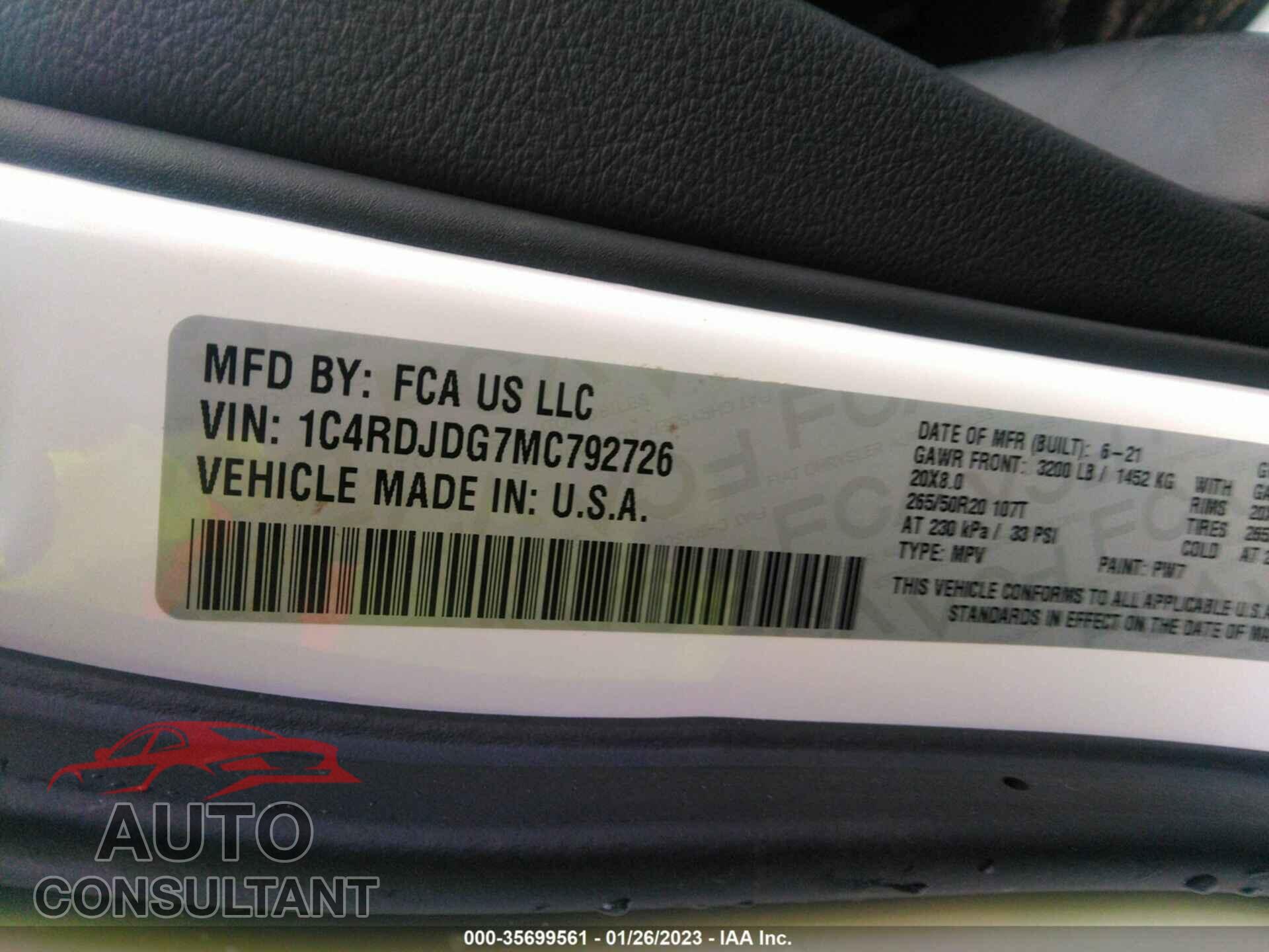 DODGE DURANGO 2021 - 1C4RDJDG7MC792726