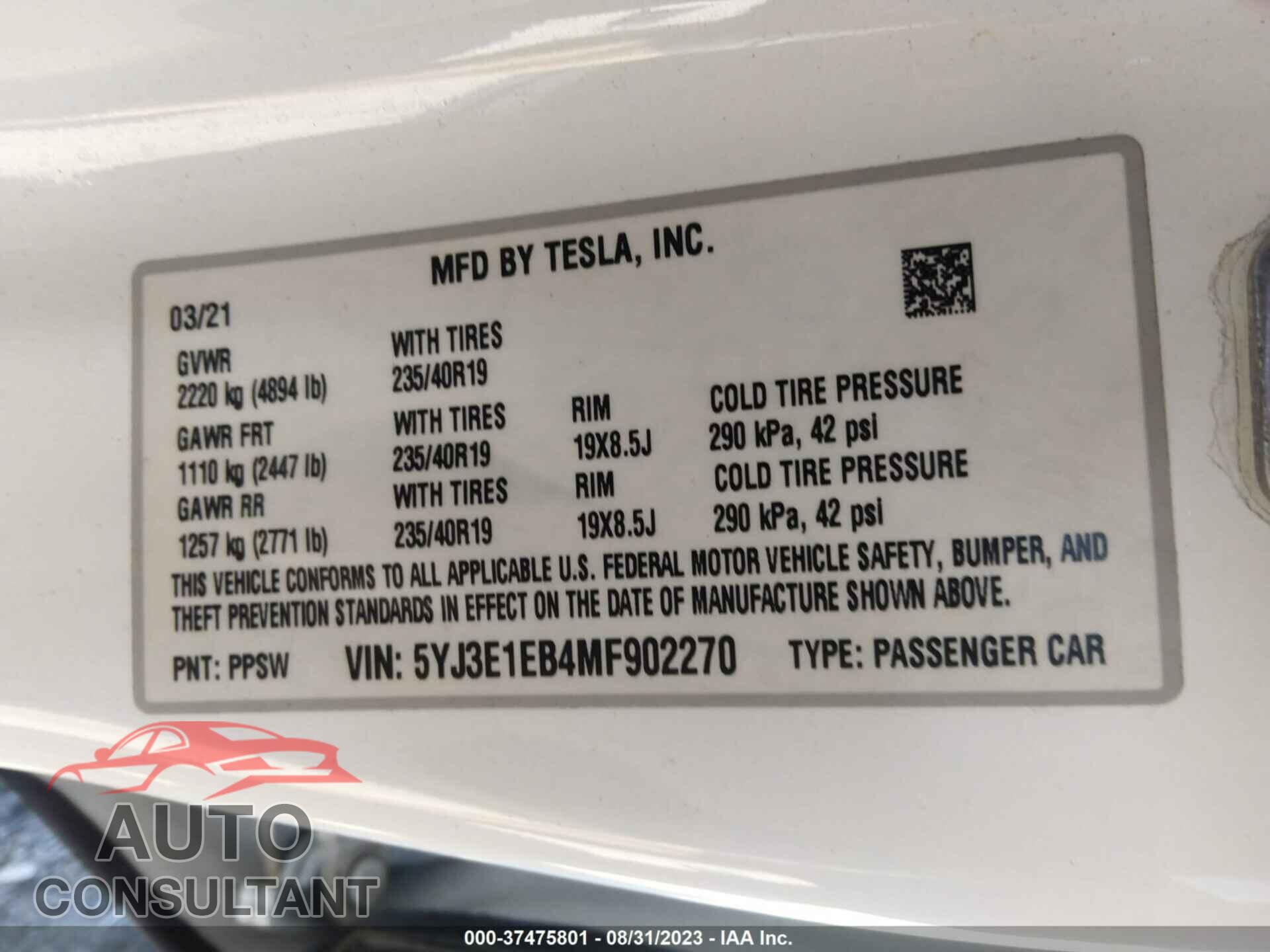 TESLA MODEL 3 2021 - 5YJ3E1EB4MF902270