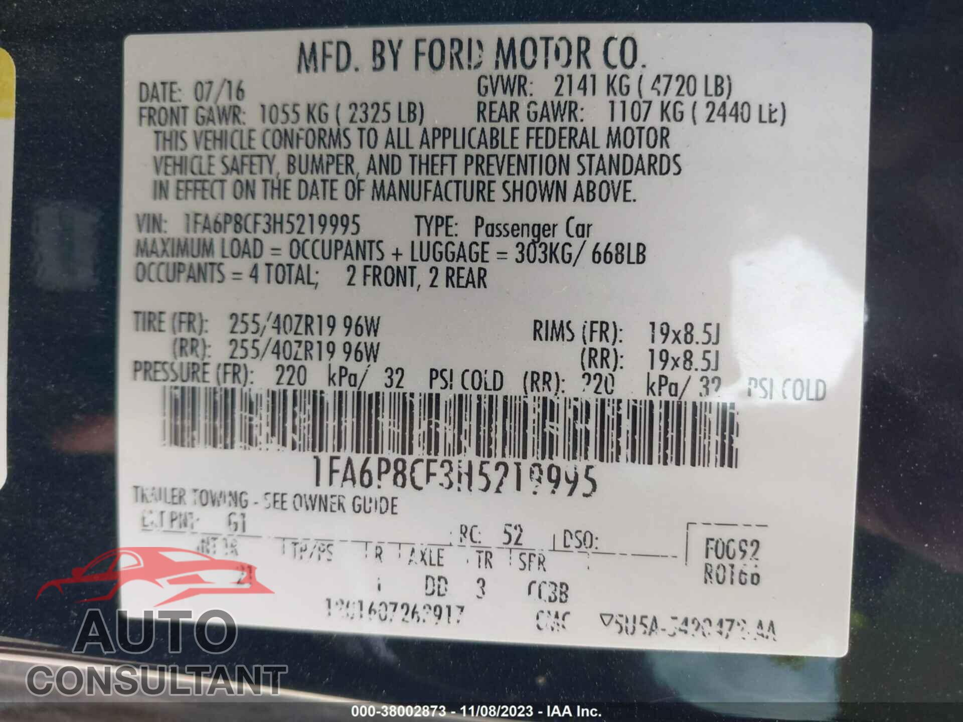 FORD MUSTANG 2017 - 1FA6P8CF3H5219995