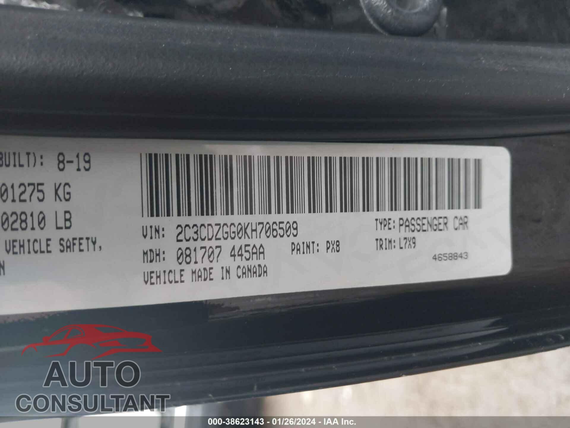 DODGE CHALLENGER 2019 - 2C3CDZGG0KH706509