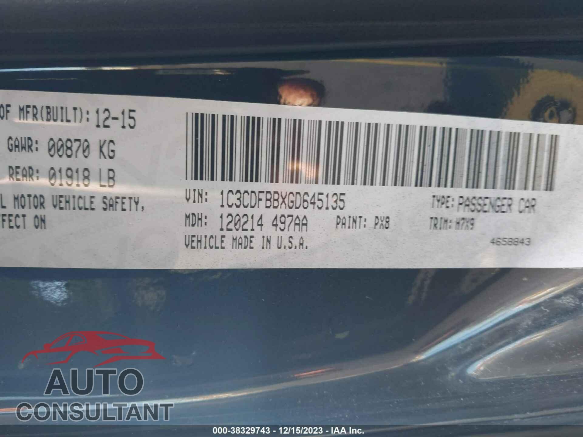 DODGE DART 2016 - 1C3CDFBBXGD645135