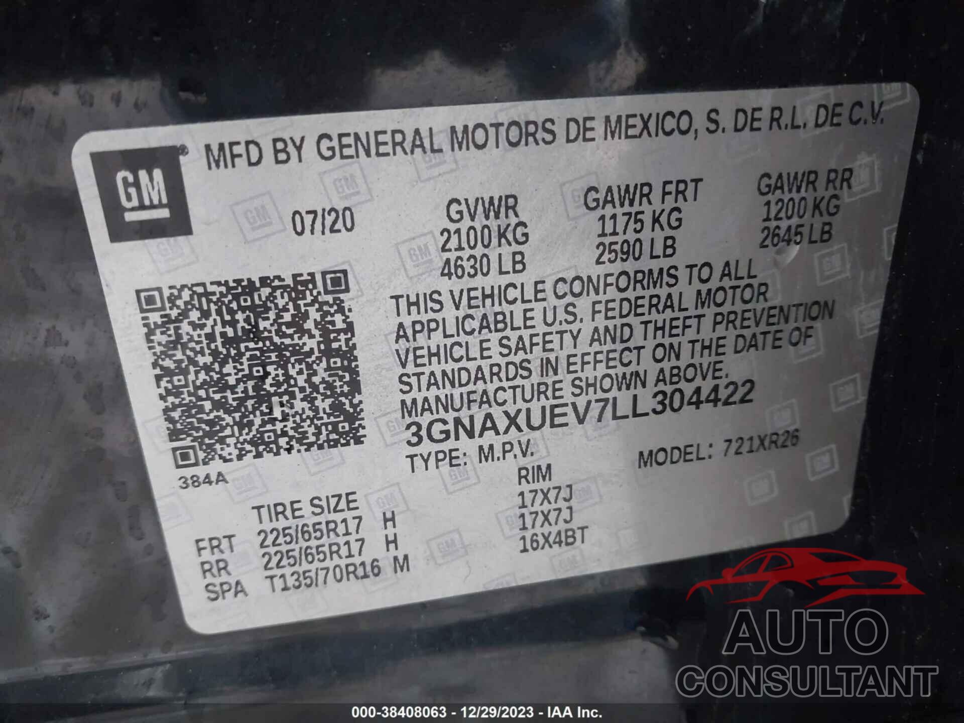 CHEVROLET EQUINOX 2020 - 3GNAXUEV7LL304422