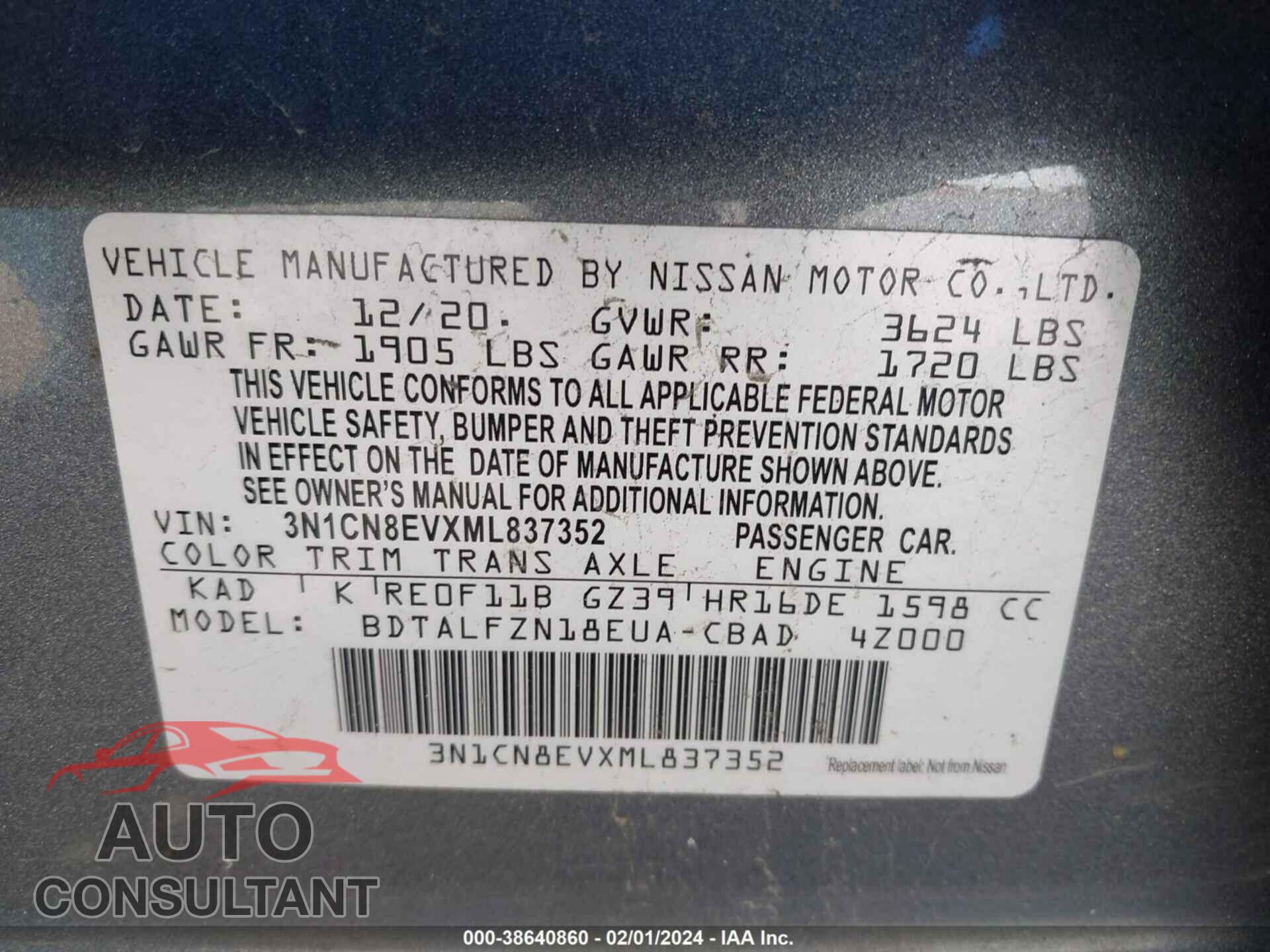 NISSAN VERSA 2021 - 3N1CN8EVXML837352