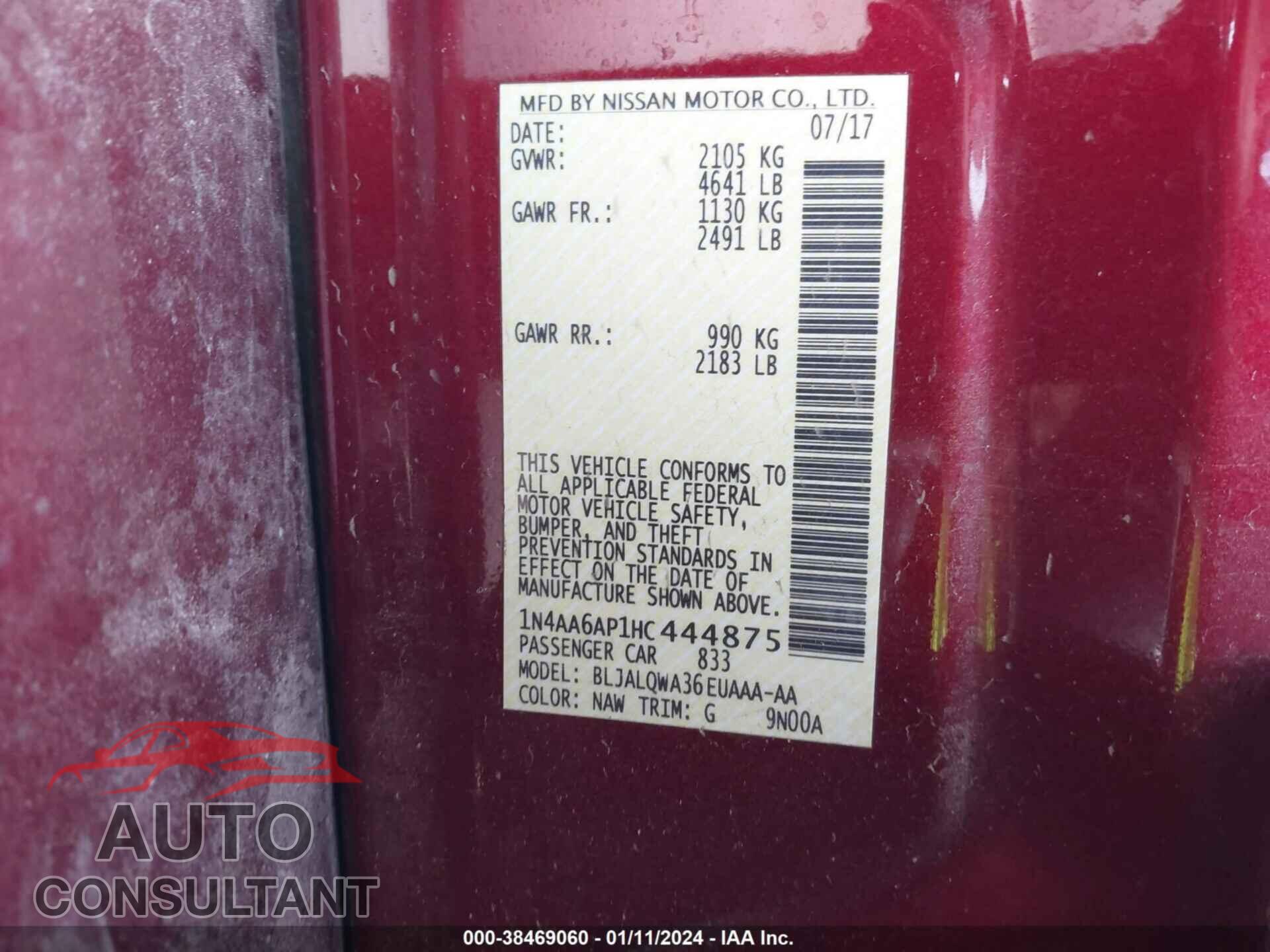 NISSAN MAXIMA 2017 - 1N4AA6AP1HC444875