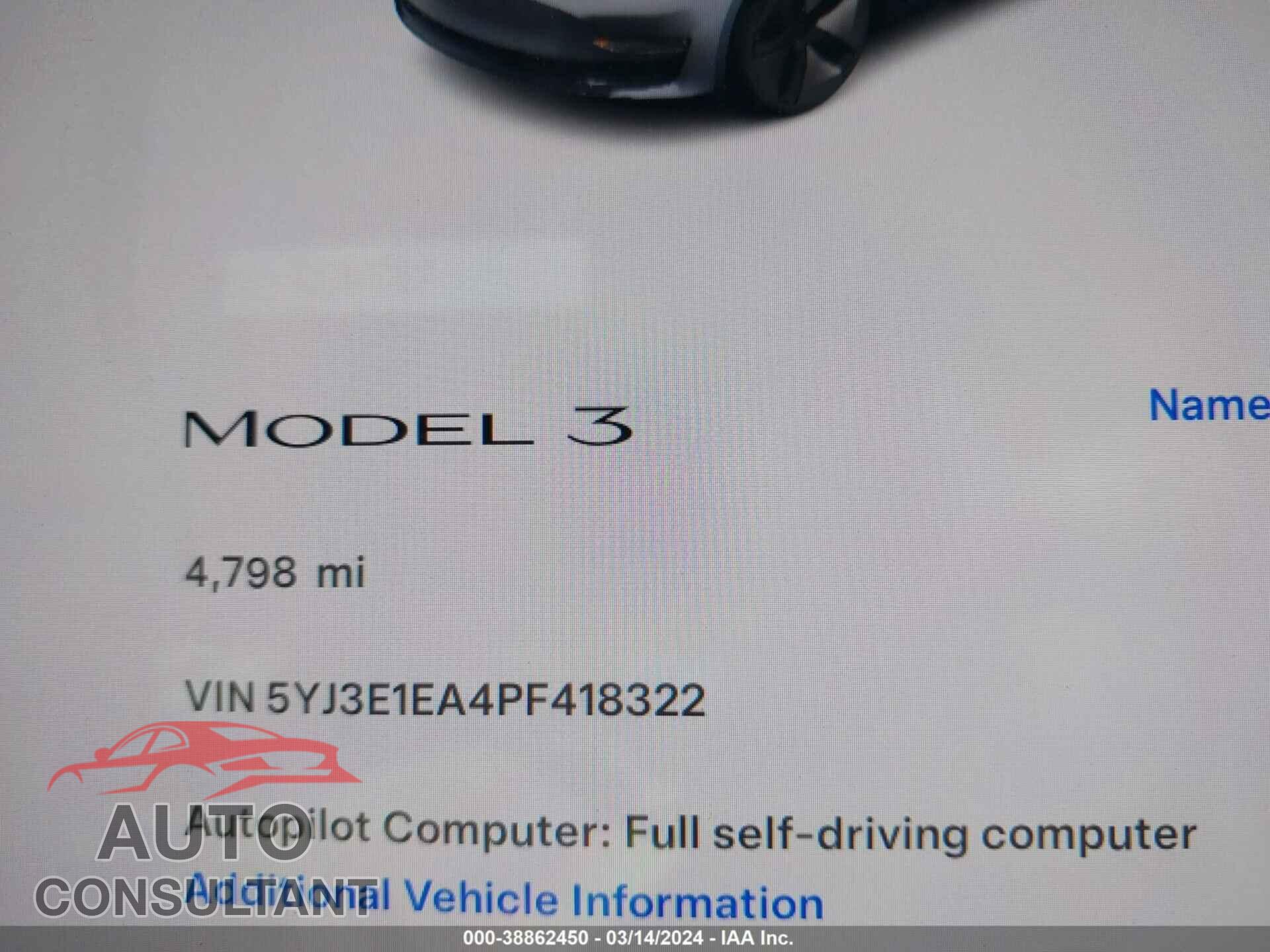 TESLA MODEL 3 2023 - 5YJ3E1EA4PF418322