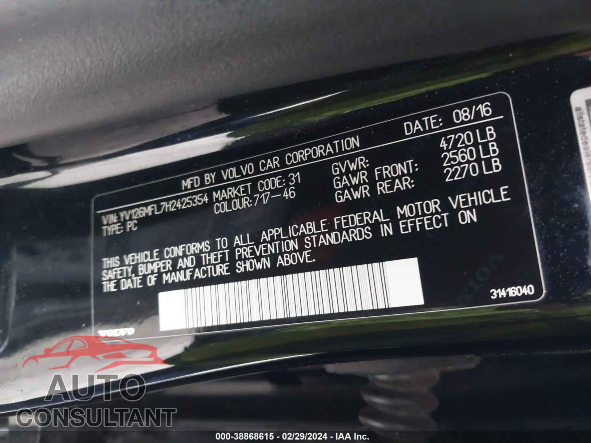 VOLVO S60 2017 - YV126MFL7H2425354