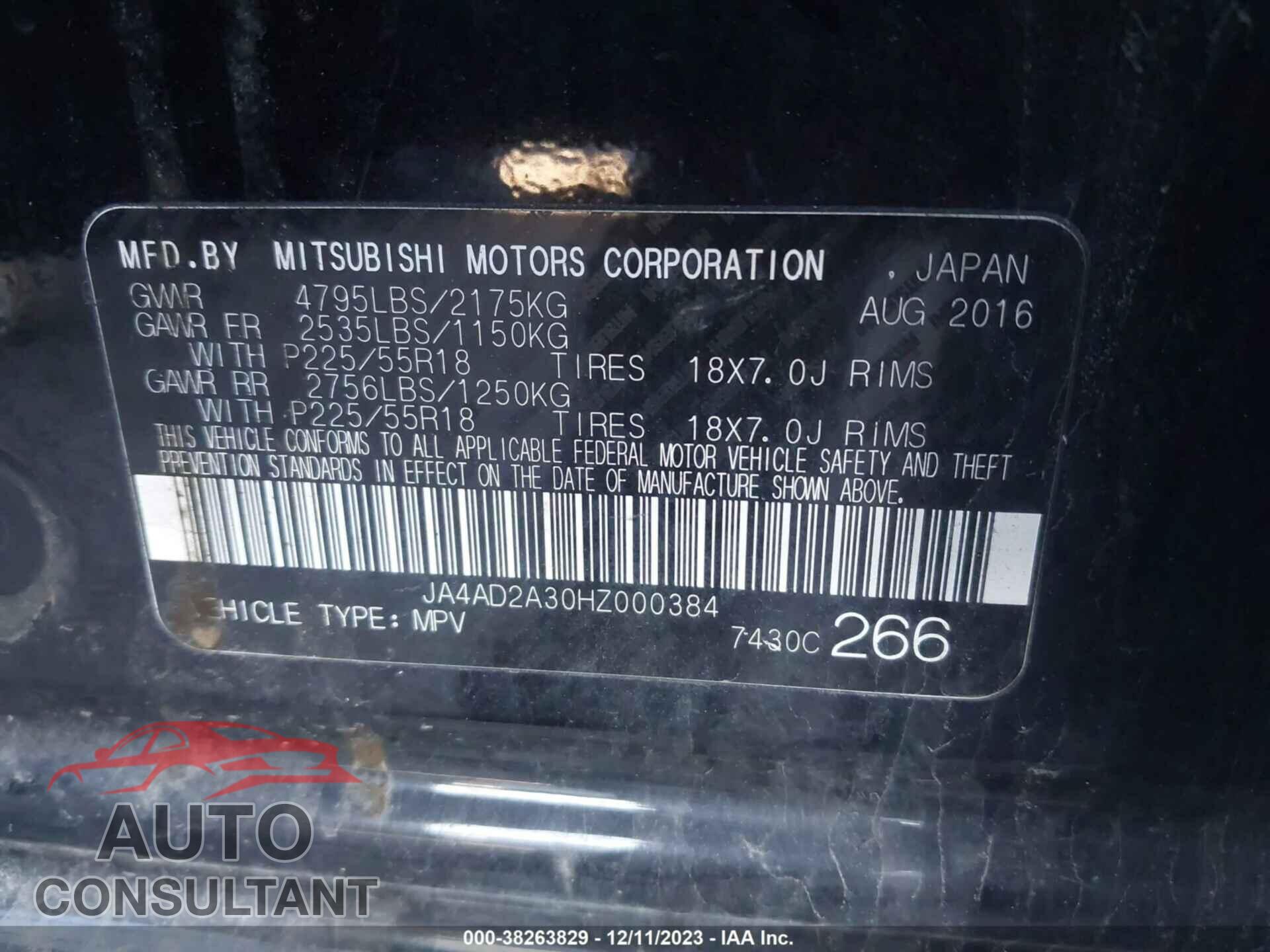 MITSUBISHI OUTLANDER 2017 - JA4AD2A30HZ000384