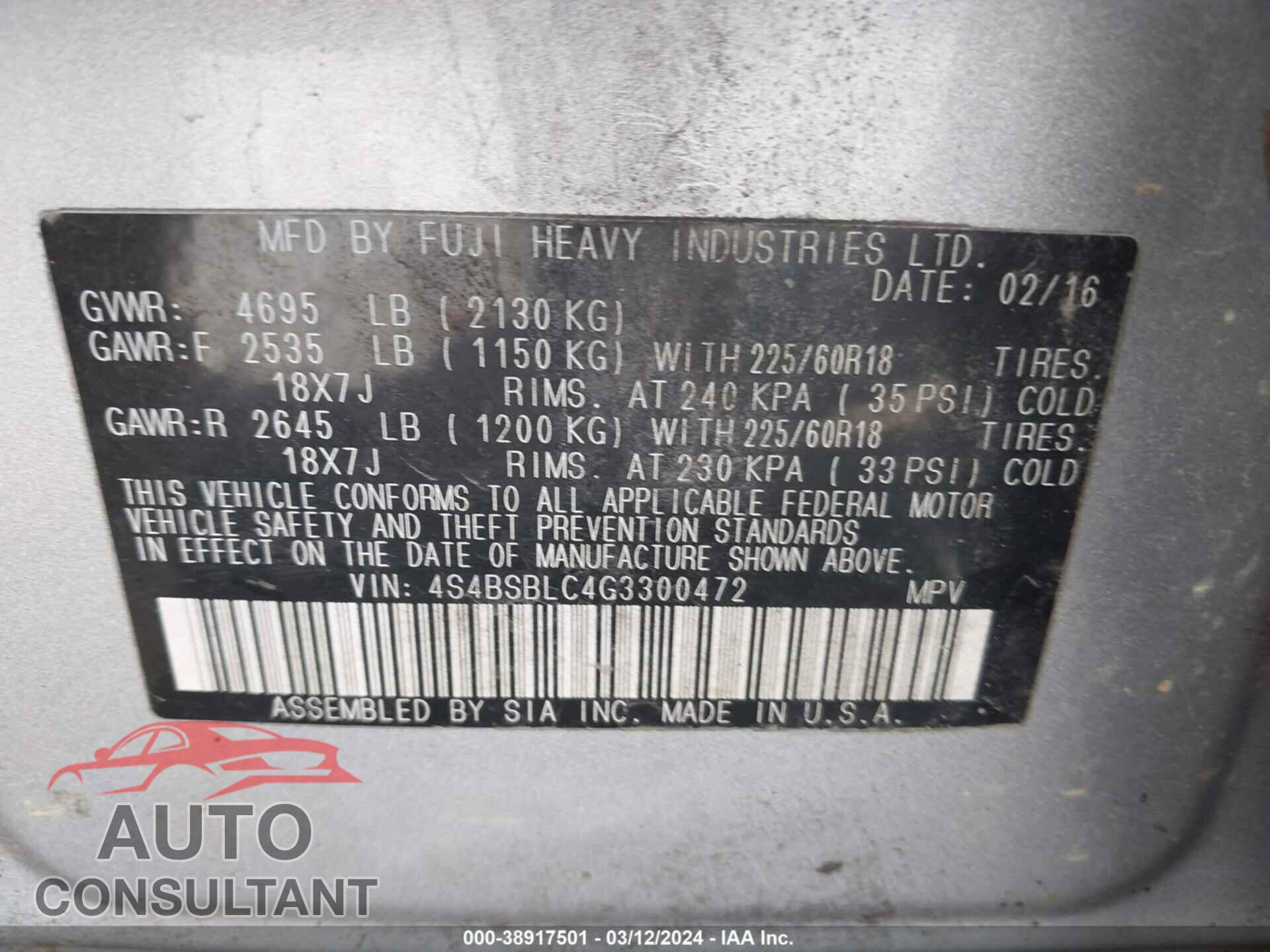 SUBARU OUTBACK 2016 - 4S4BSBLC4G3300472