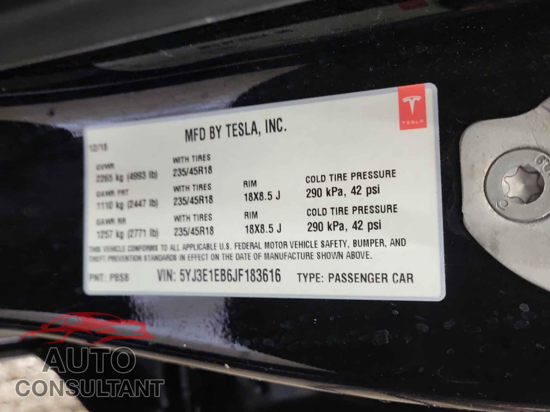 TESLA MODEL 3 2018 - 5YJ3E1EB6JF183616