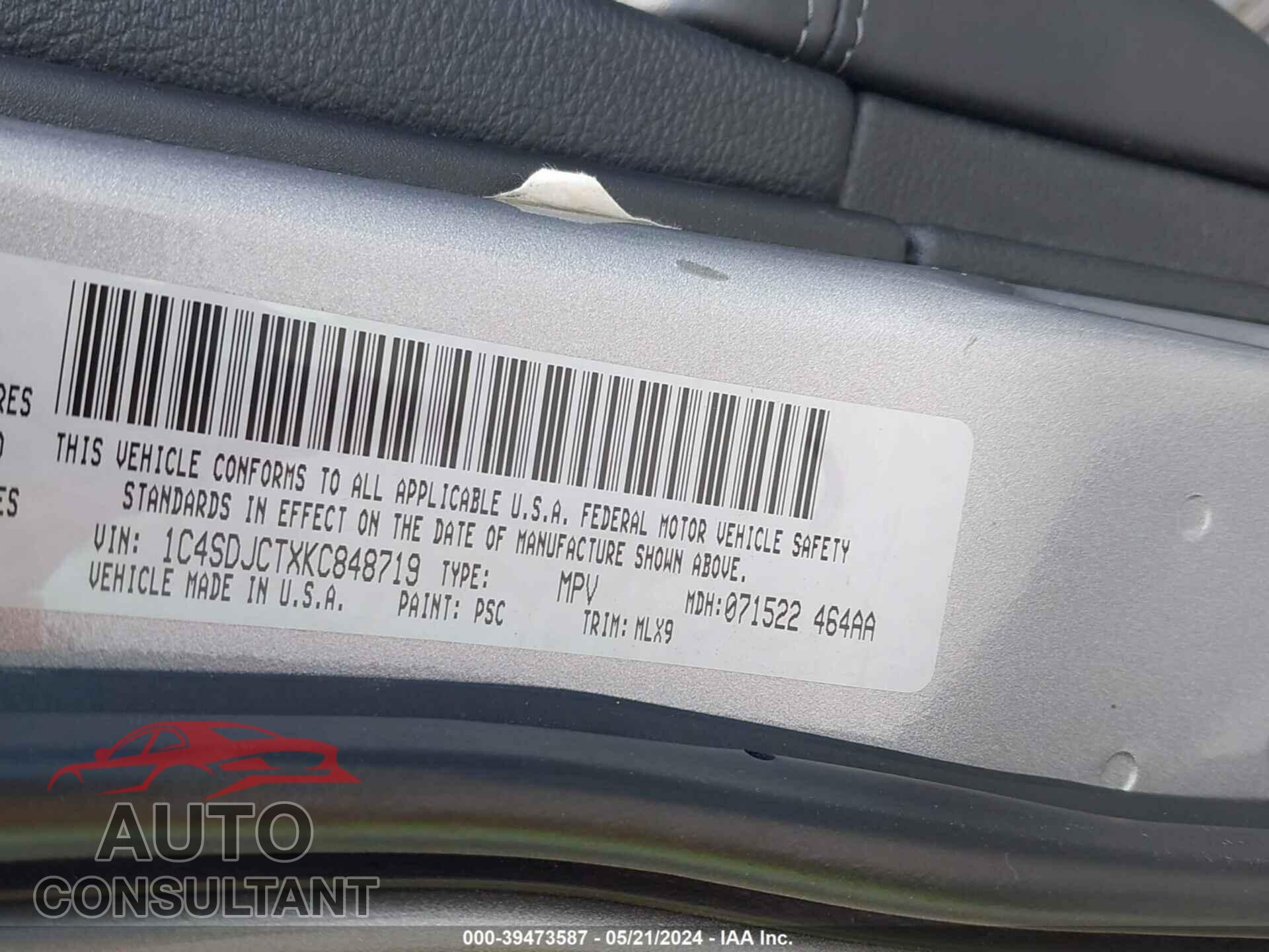 DODGE DURANGO 2019 - 1C4SDJCTXKC848719
