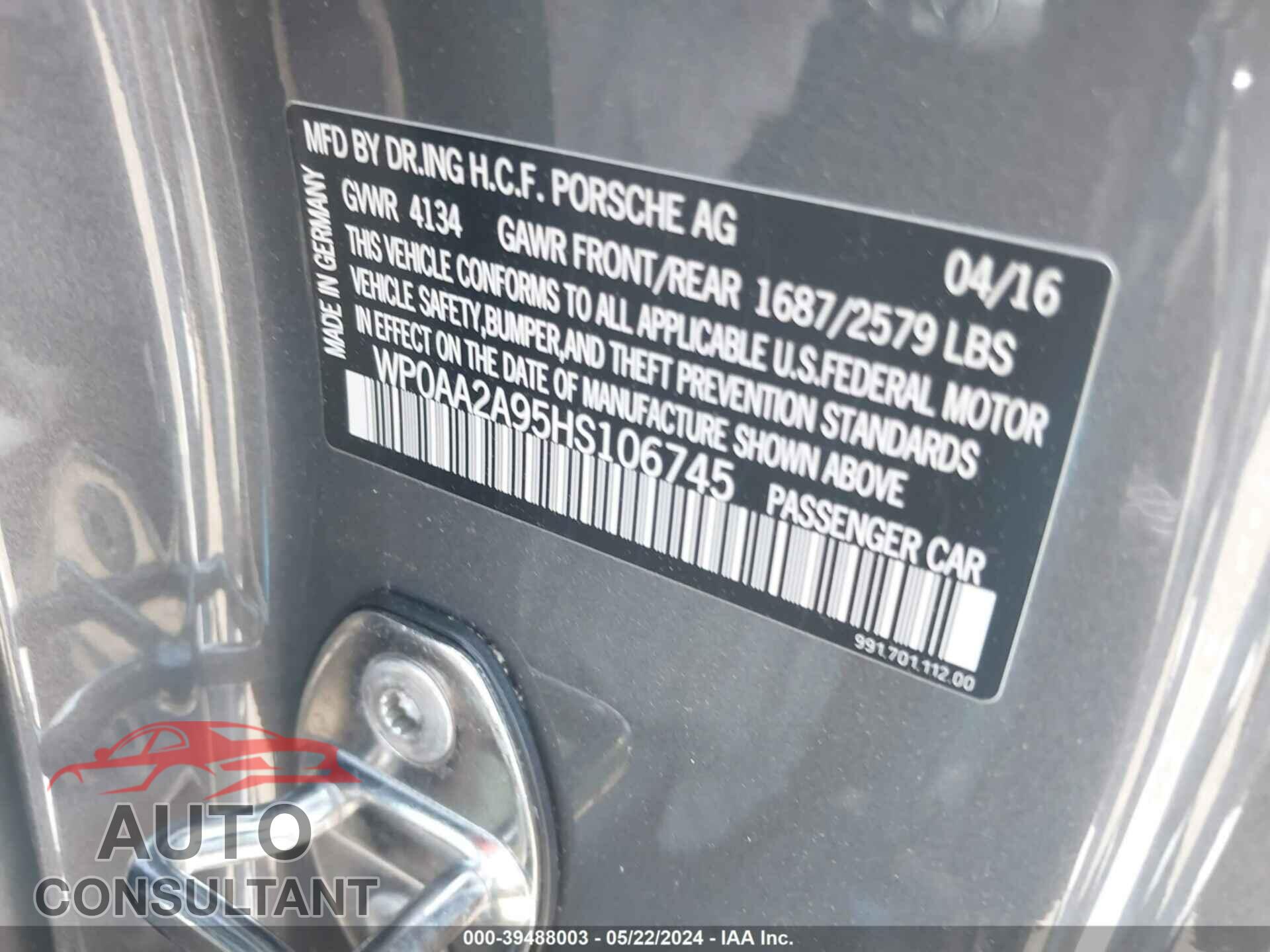 PORSCHE 911 2017 - WP0AA2A95HS106745