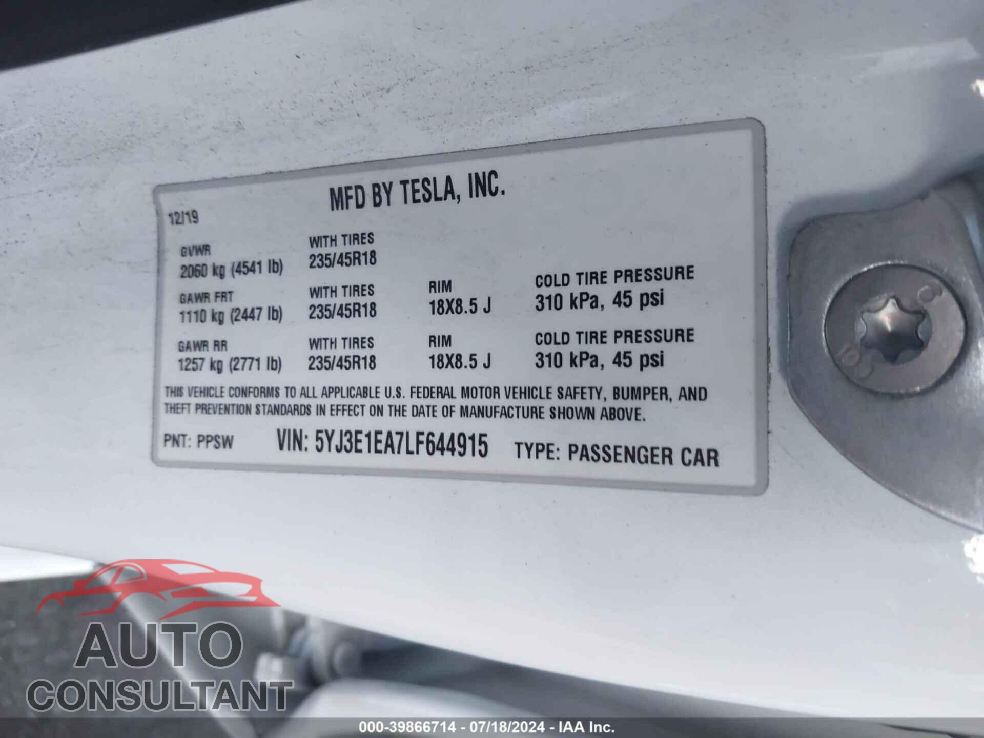 TESLA MODEL 3 2020 - 5YJ3E1EA7LF644915