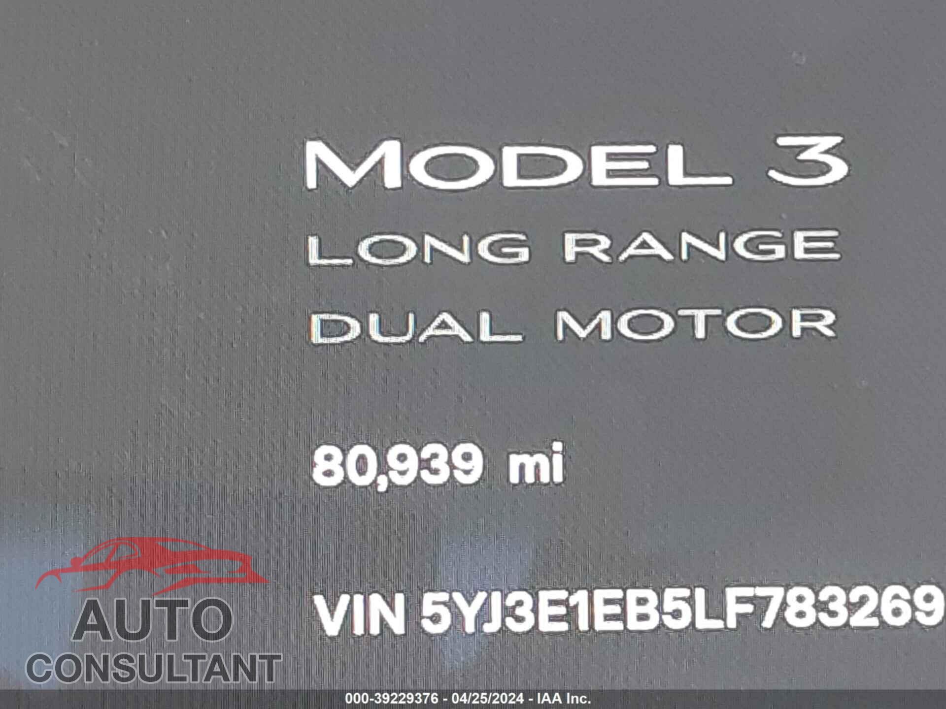 TESLA MODEL 3 2020 - 5YJ3E1EB5LF783269