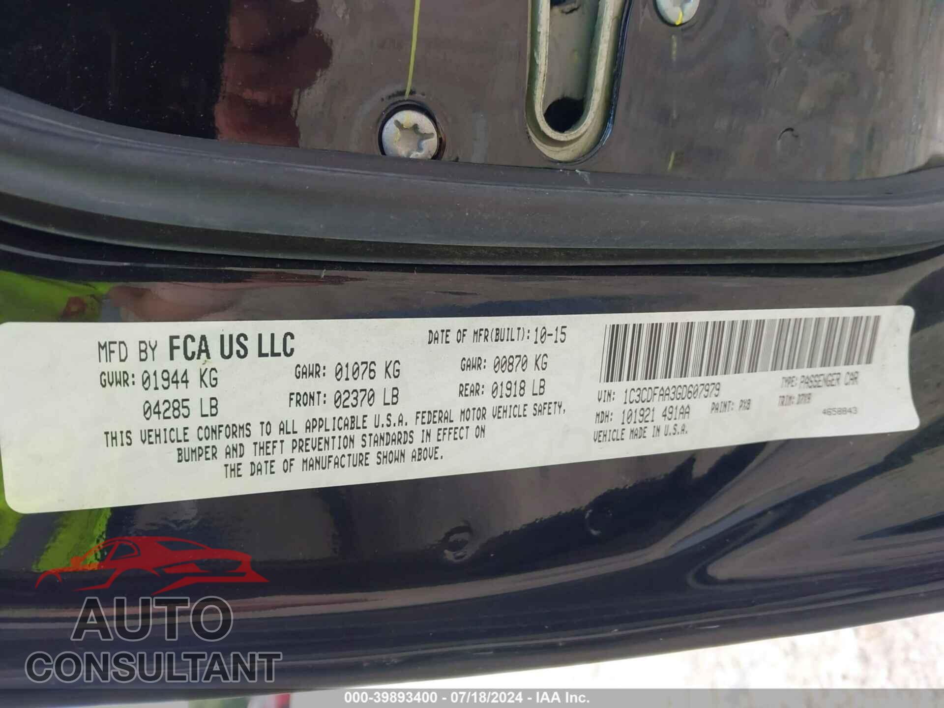 DODGE DART 2016 - 1C3CDFAA3GD607979