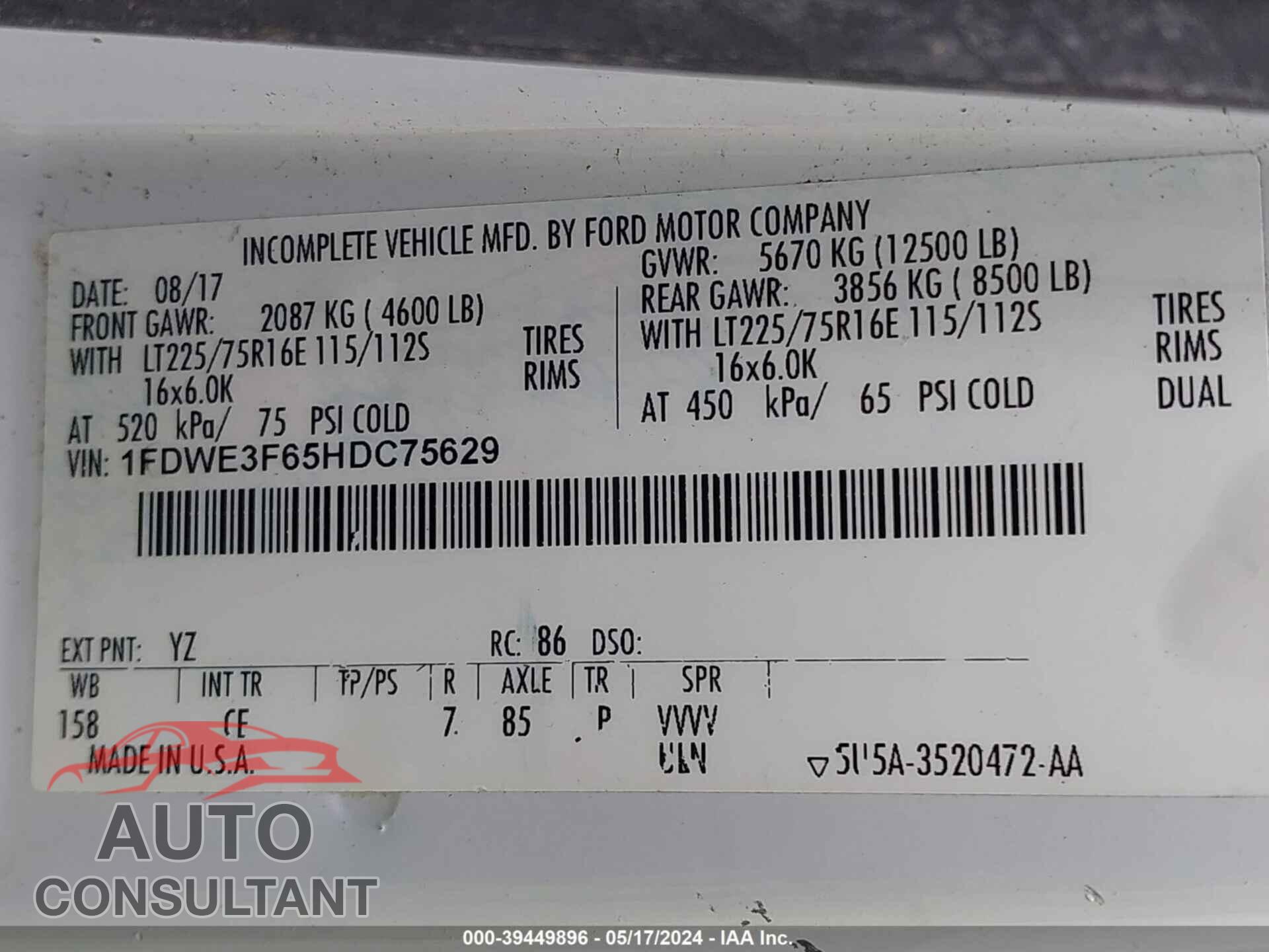 FORD ECONOLINE 2017 - 1FDWE3F65HDC75629