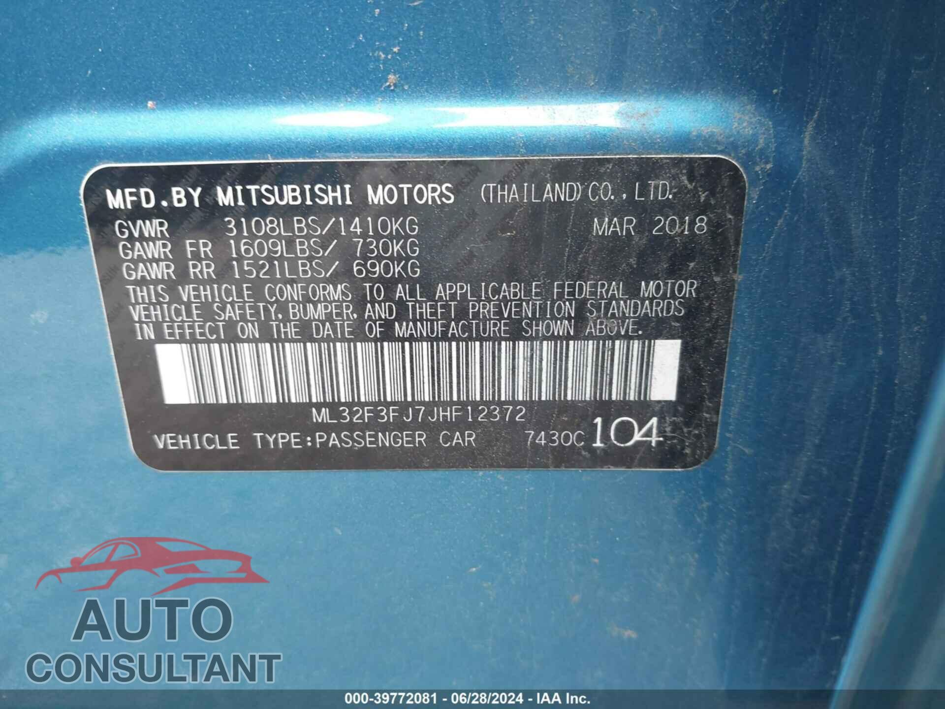 MITSUBISHI MIRAGE G4 2018 - ML32F3FJ7JHF12372