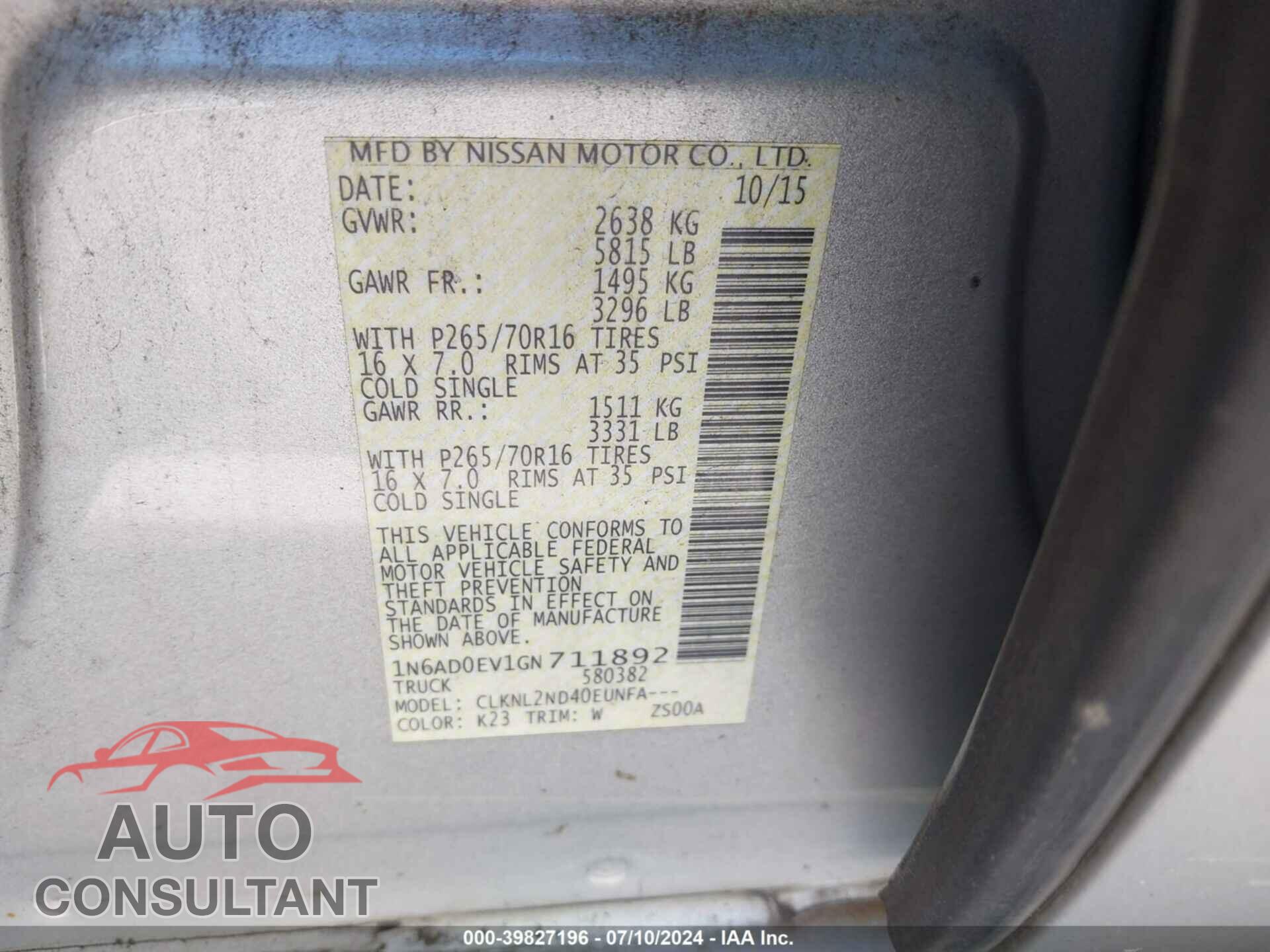 NISSAN FRONTIER 2016 - 1N6AD0EV1GN711892