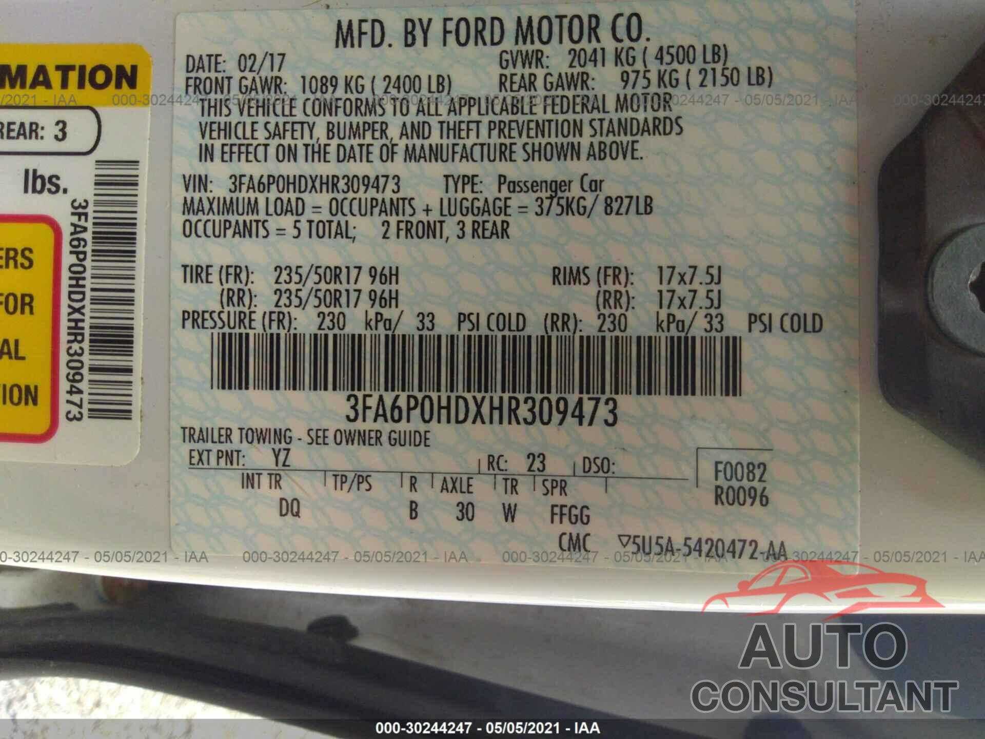 FORD FUSION 2017 - 3FA6P0HDXHR309473