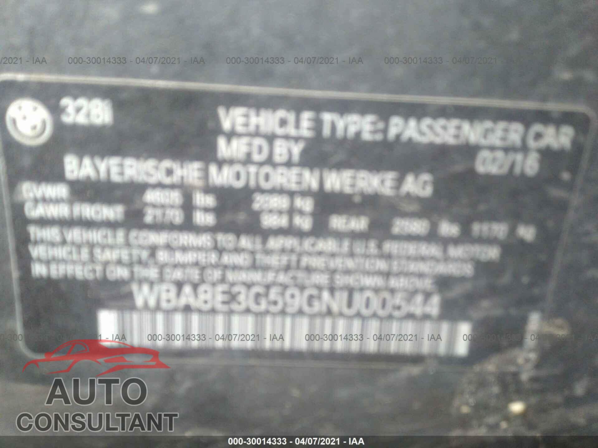 BMW 3 SERIES 2016 - WBA8E3G59GNU00544