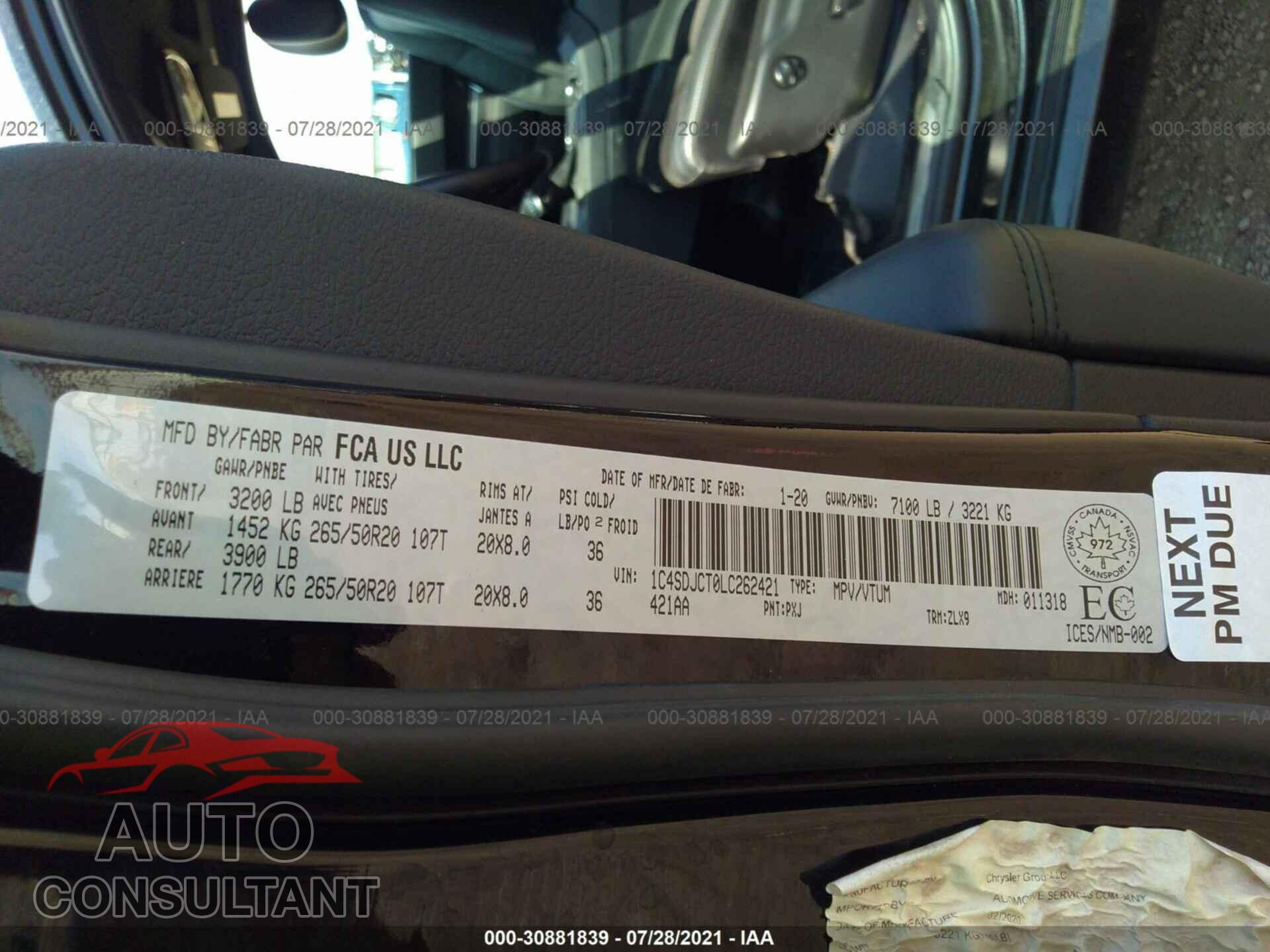 DODGE DURANGO 2020 - 1C4SDJCT0LC262421