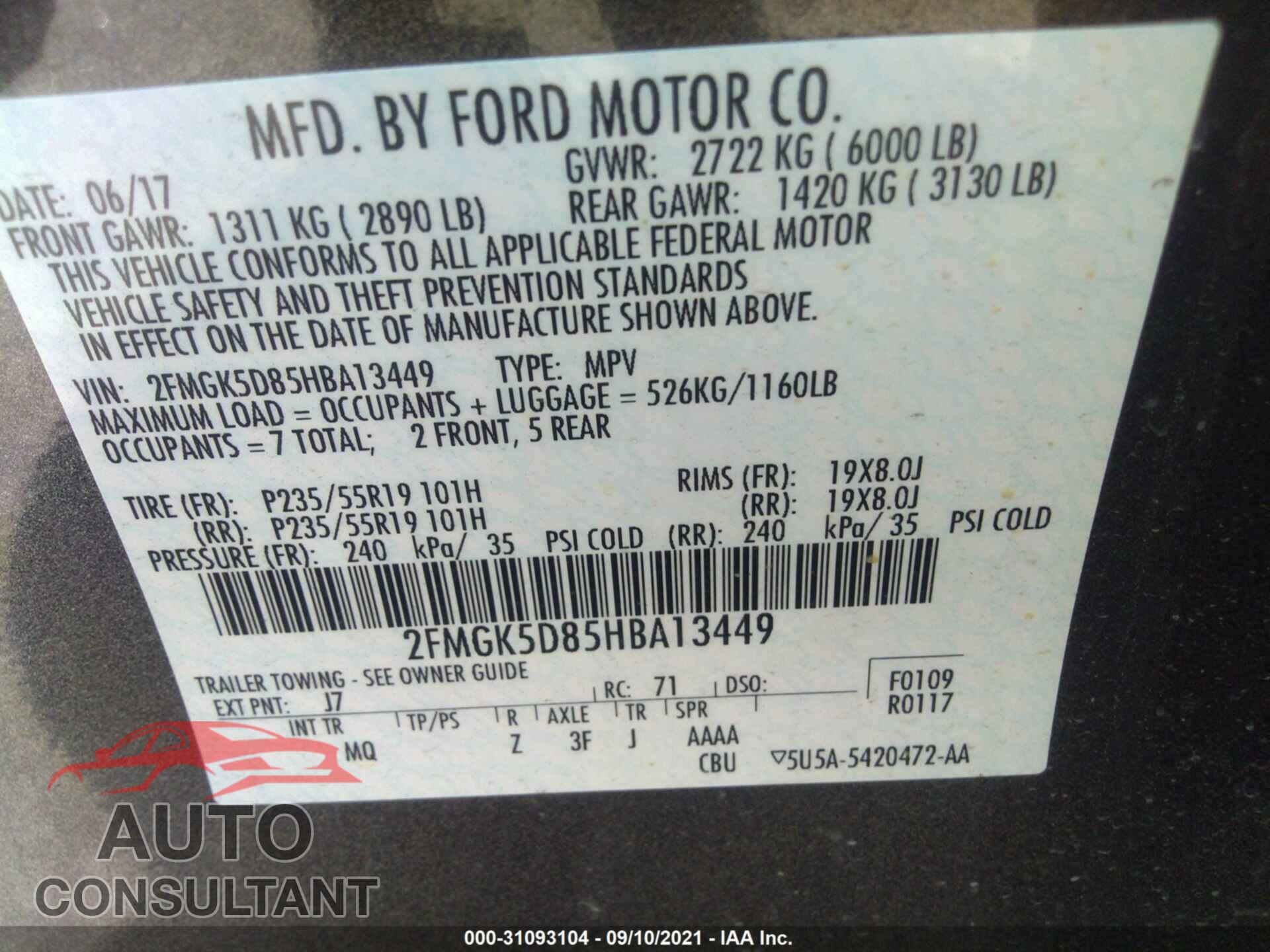 FORD FLEX 2017 - 2FMGK5D85HBA13449