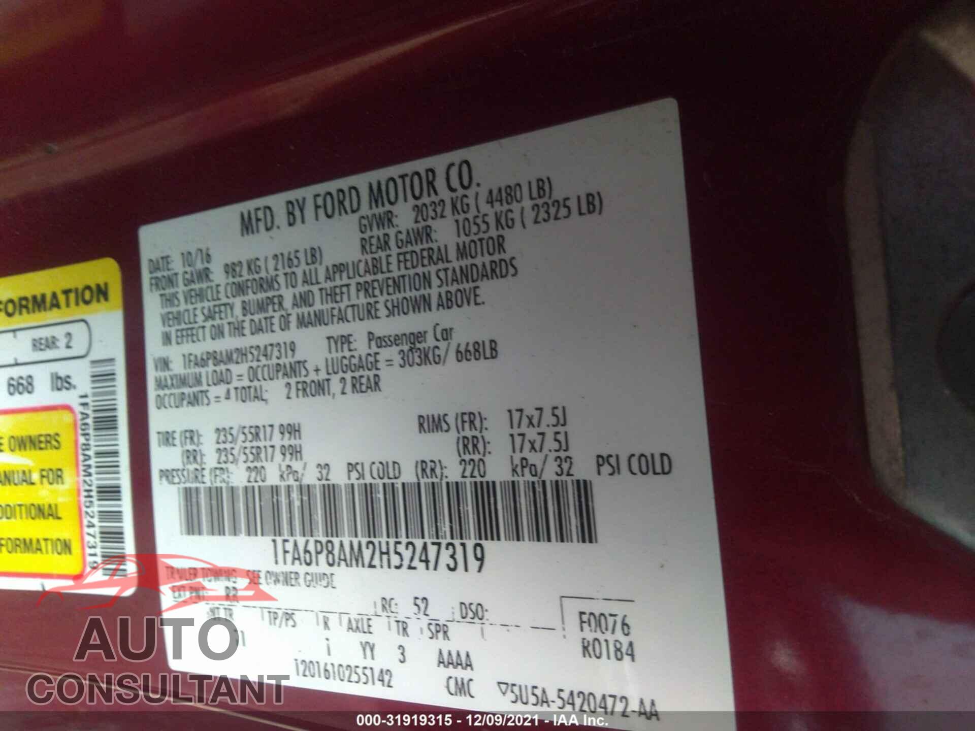 FORD MUSTANG 2017 - 1FA6P8AM2H5247319
