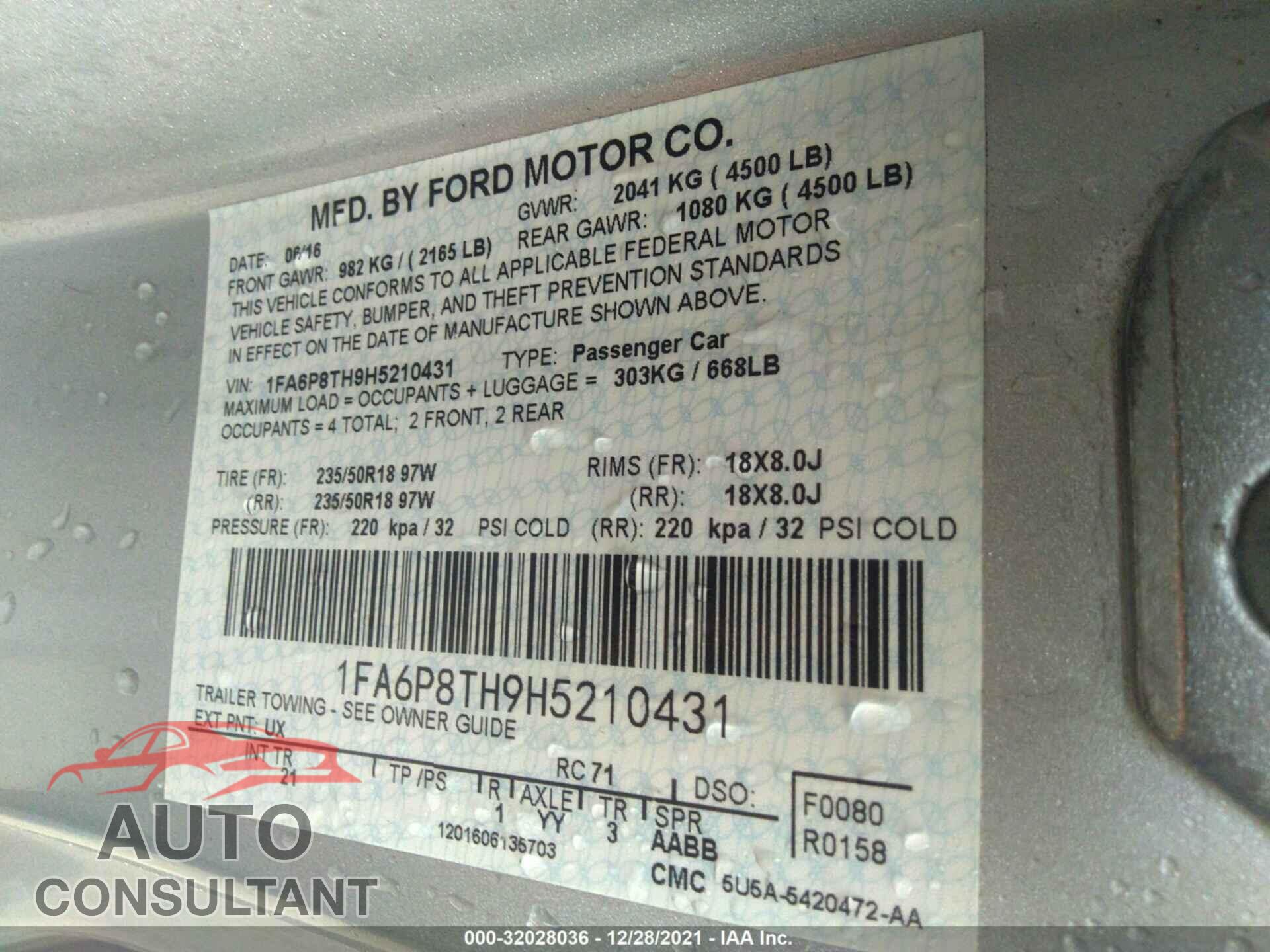 FORD MUSTANG 2017 - 1FA6P8TH9H5210431