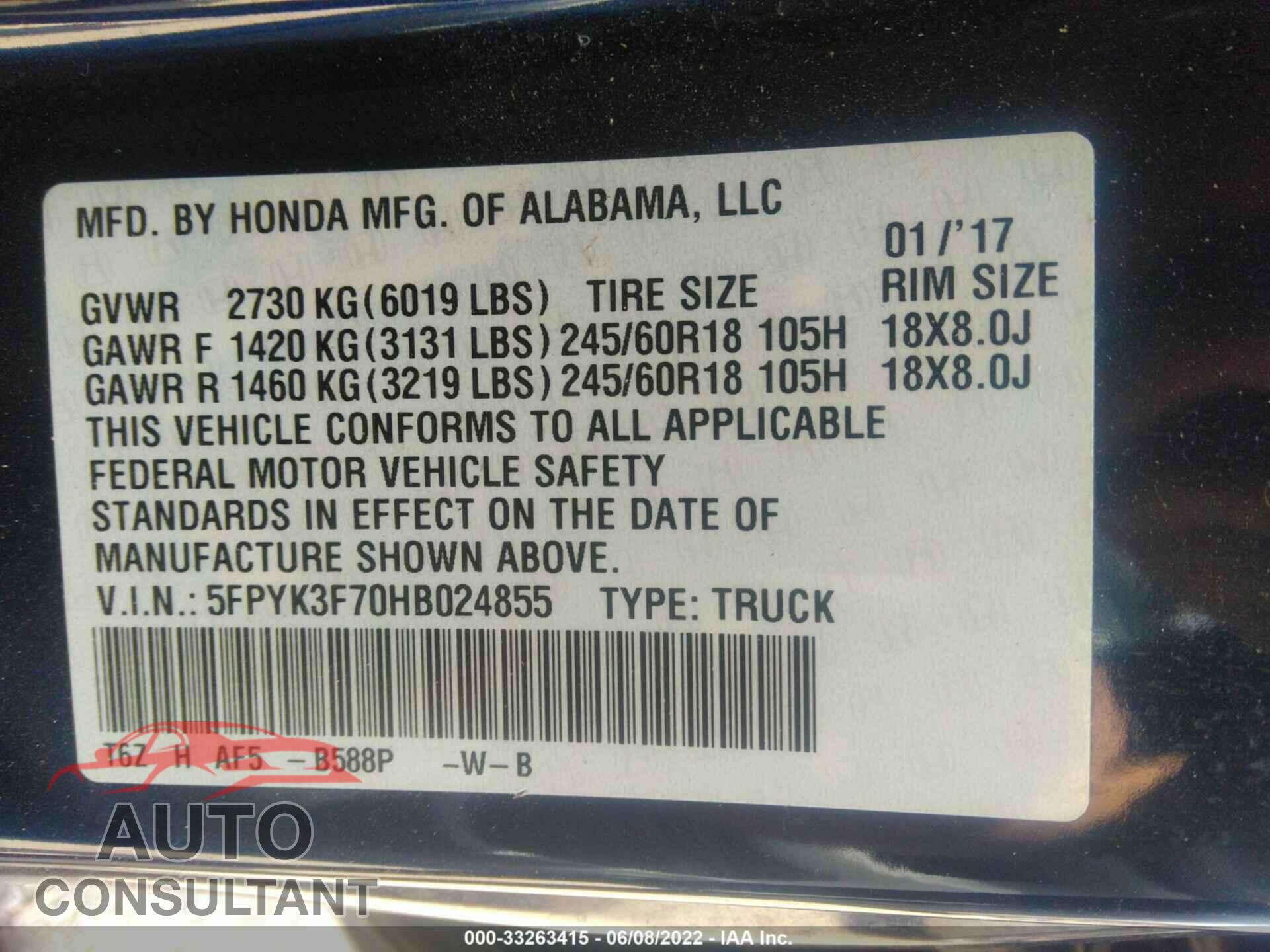 HONDA RIDGELINE 2017 - 5FPYK3F70HB024855
