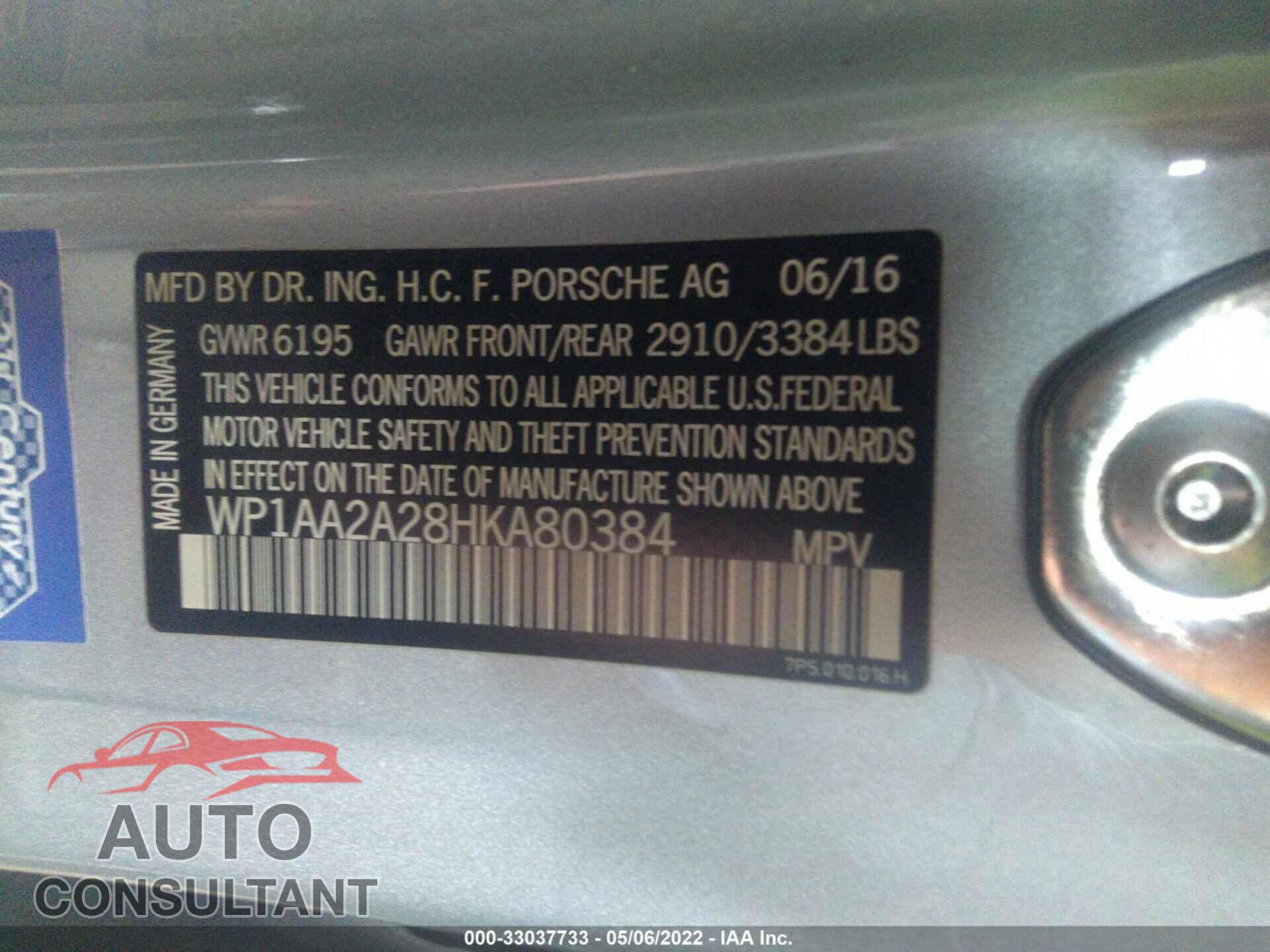PORSCHE CAYENNE 2017 - WP1AA2A28HKA80384